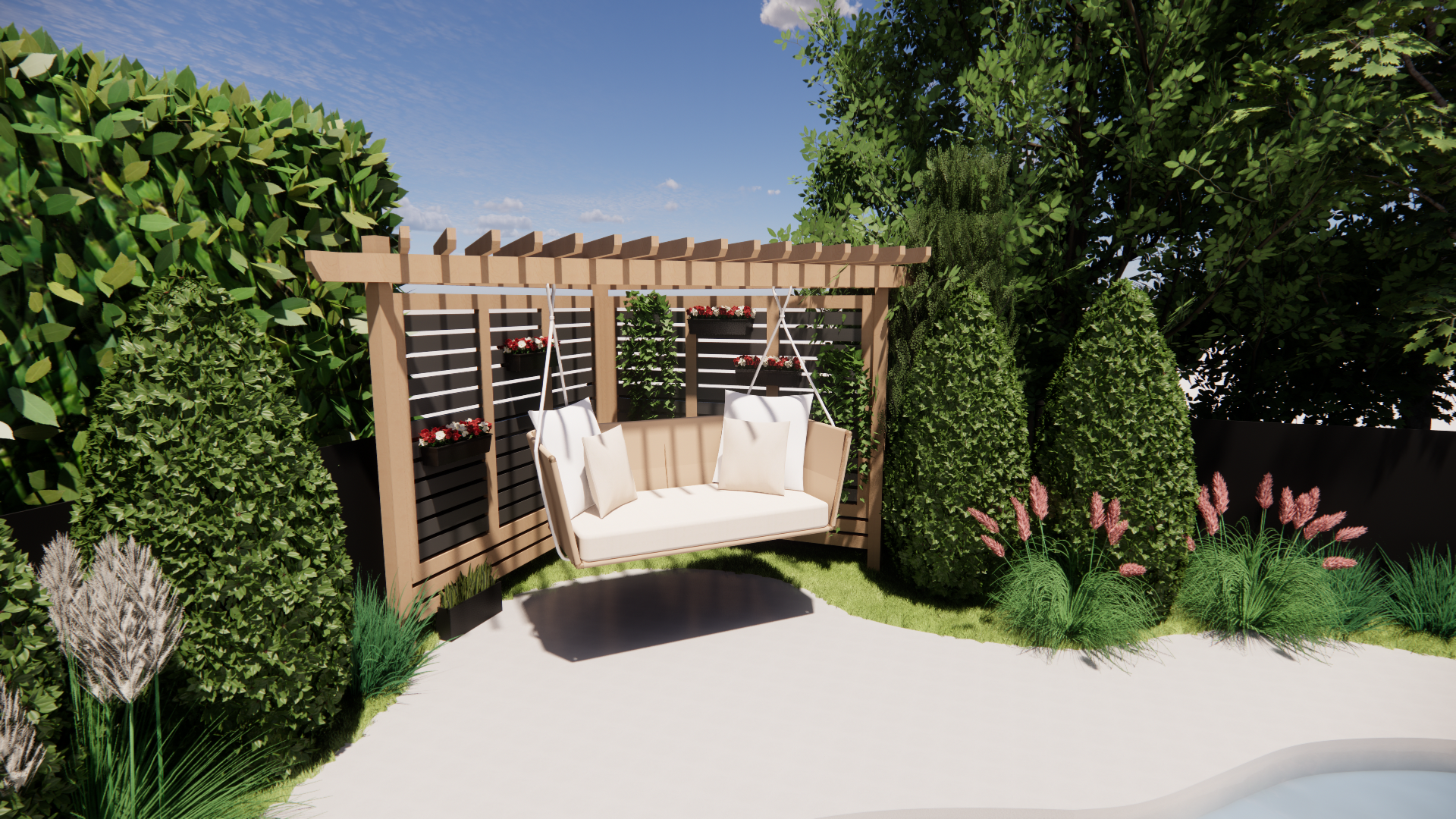 Un jardin avec une balançoire en bois sous une pergola, entouré de verdure et d'un ciel bleu.