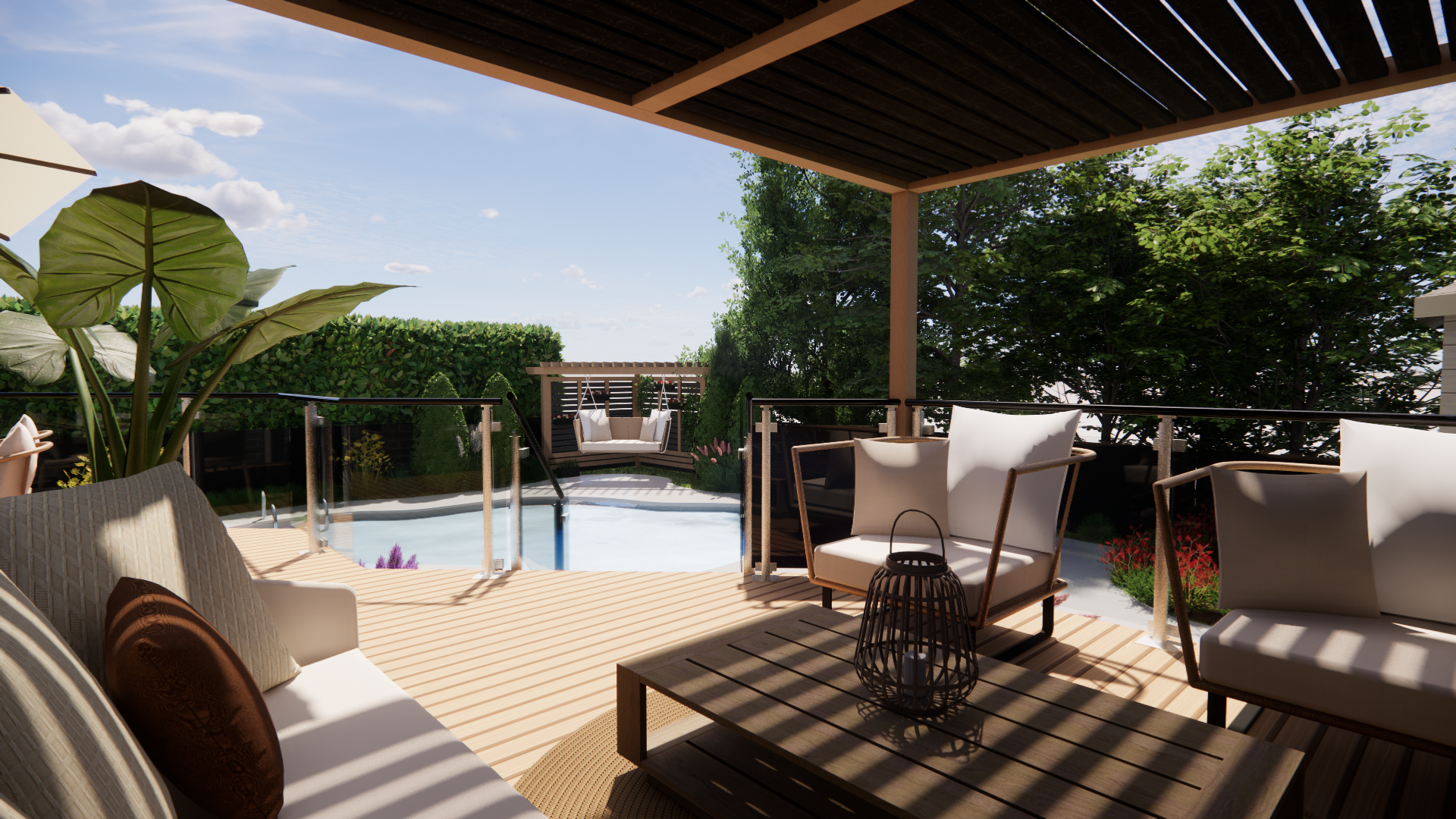 Terrasse extérieure avec piscine. Salon blanc sous une pergola. Terrasse en bois. Végétation luxuriante en arrière-plan.