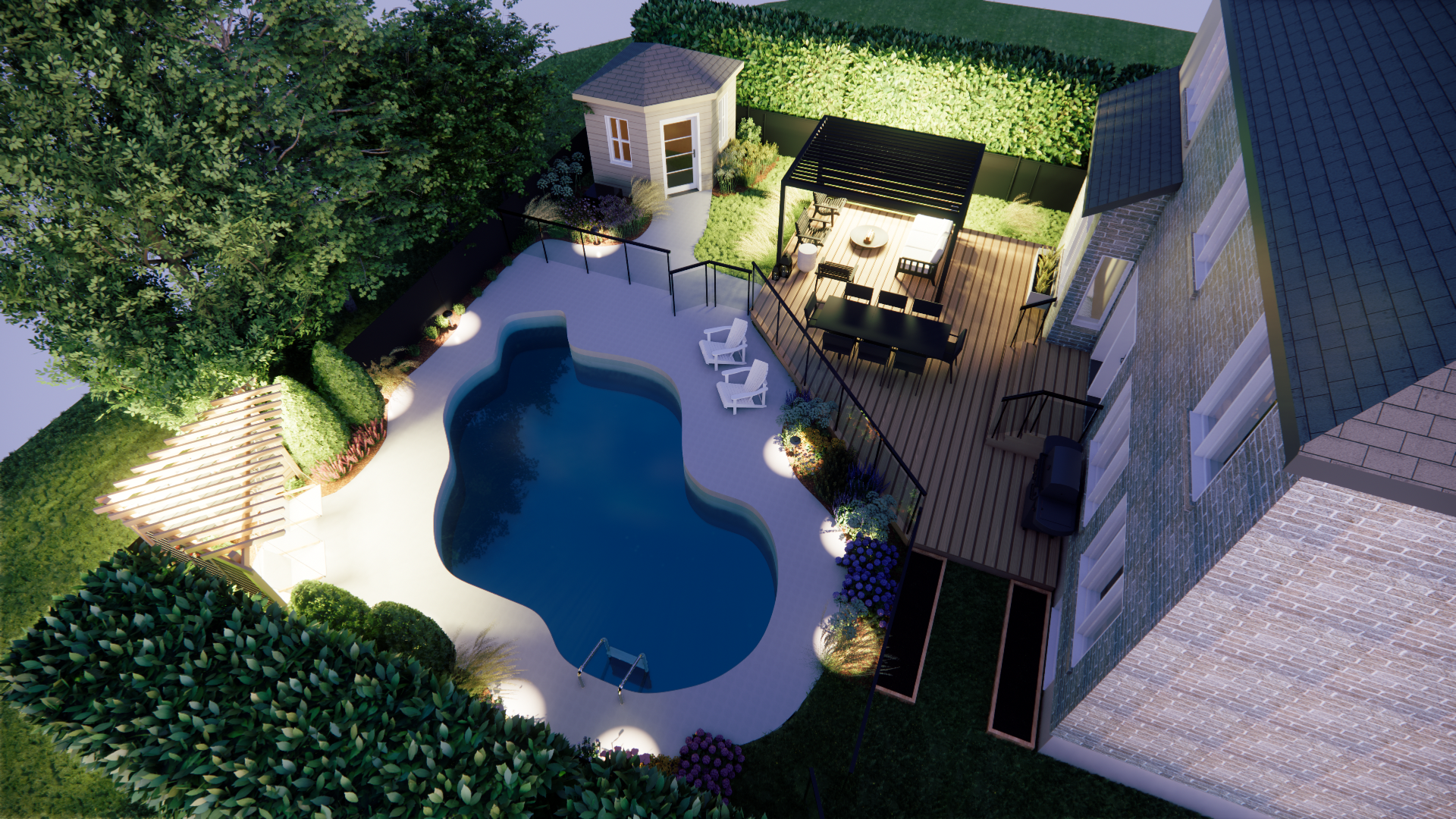 Vue aérienne d'un jardin avec piscine, terrasse, gazebo et aménagement paysager environnant, illuminé la nuit.