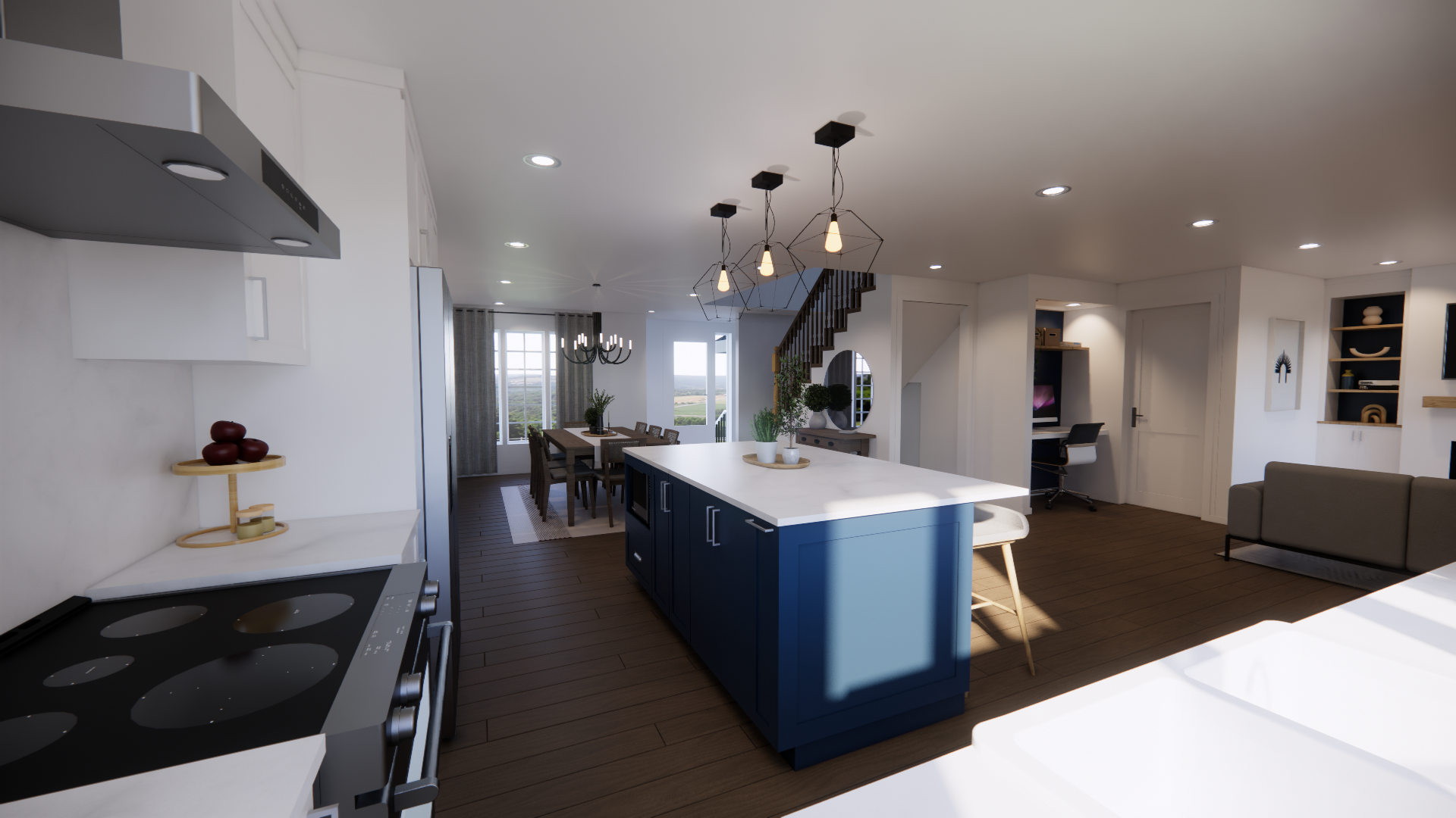 Vue intérieure d'une cuisine moderne avec un îlot bleu, un coin repas et un salon.