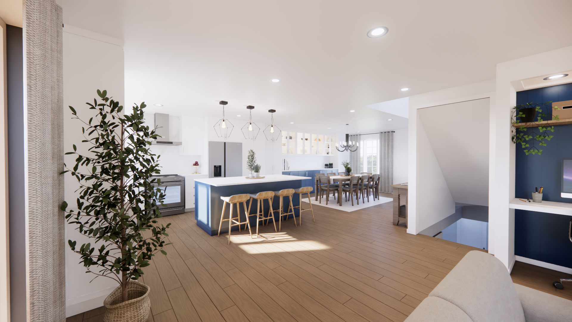 Cuisine et salle à manger lumineuses et modernes, à aire ouverte, avec îlot central, parquet et murs blancs.