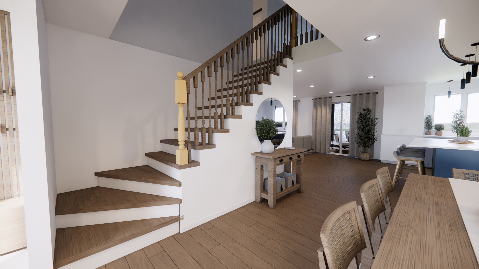 Intérieur avec escalier et coin repas. Escalier en bois, murs aux tons neutres, lumière naturelle.