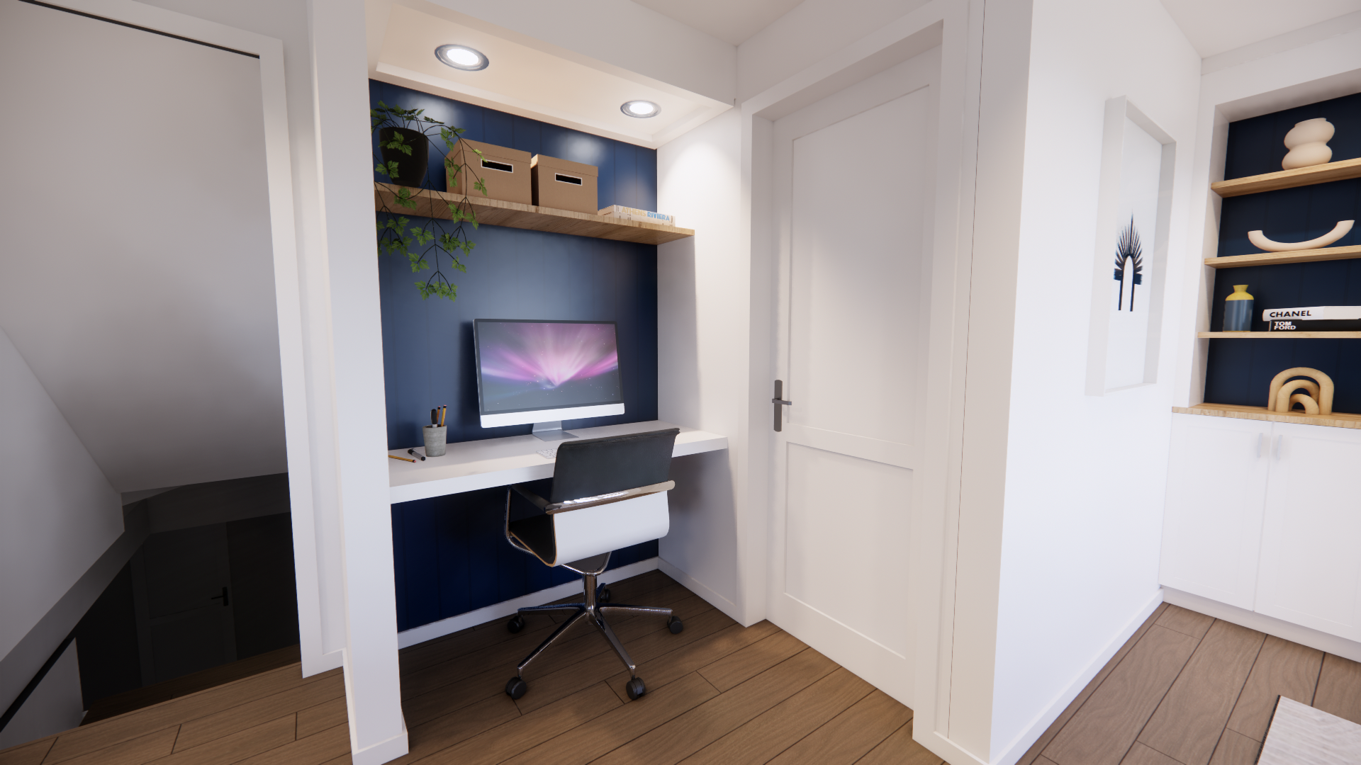 Coin bureau à domicile avec bureau, ordinateur et étagères intégrées, peint en bleu, et parquet.