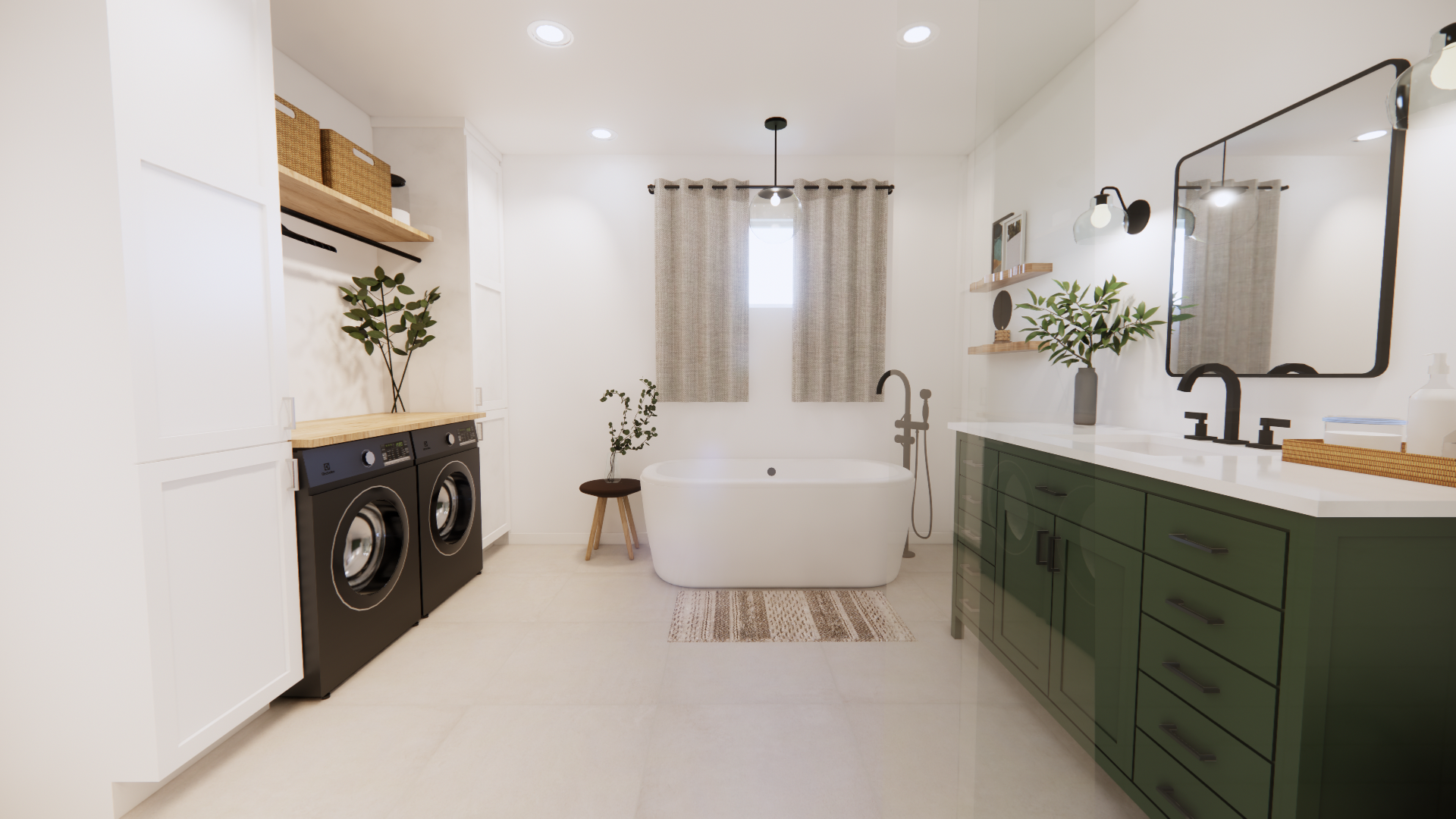 Salle de bains moderne avec lave-linge, baignoire, meuble-lavabo vert et murs blancs.