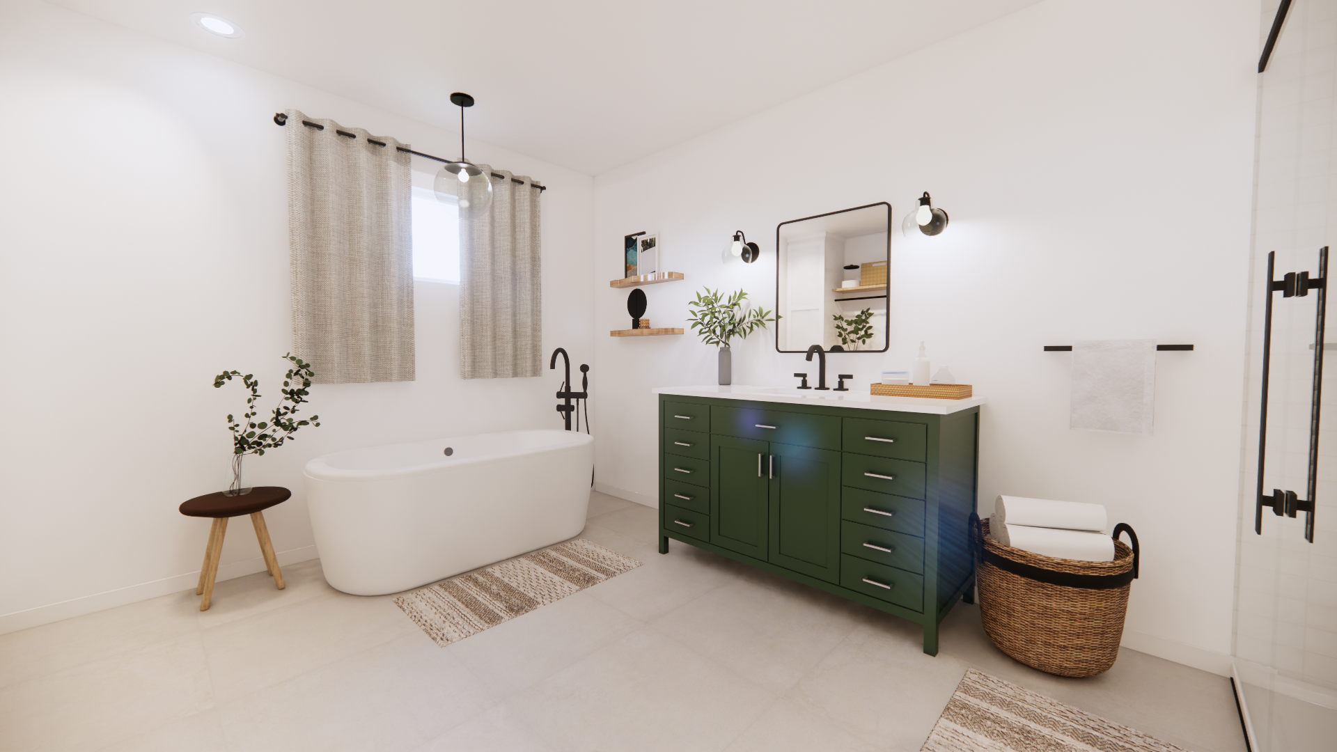 Salle de bains moderne avec meuble-lavabo vert, baignoire blanche, touches de noir et tapis neutre.