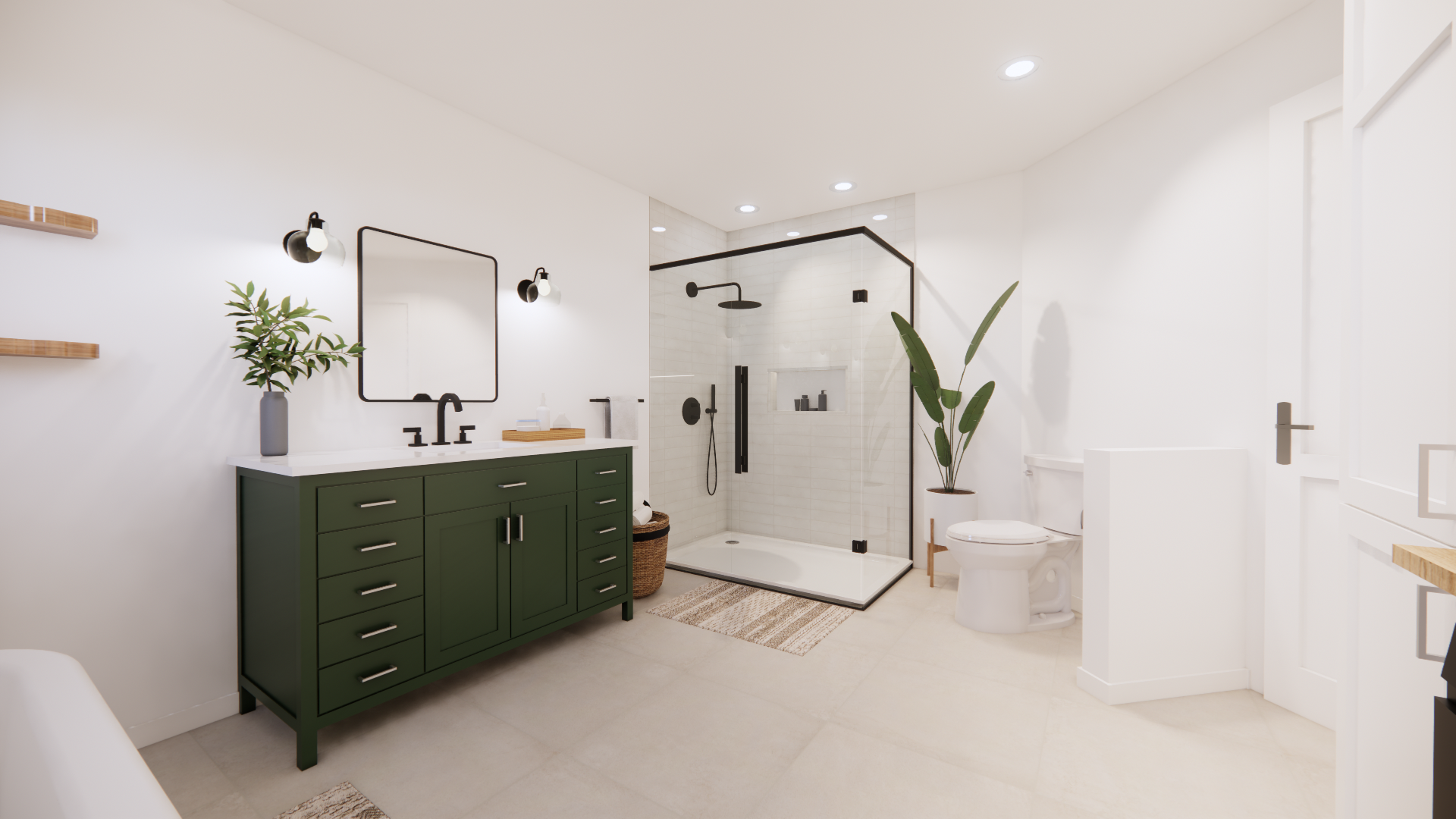 Salle de bains moderne avec meuble-lavabo vert, douche à cadre noir et carrelage blanc.