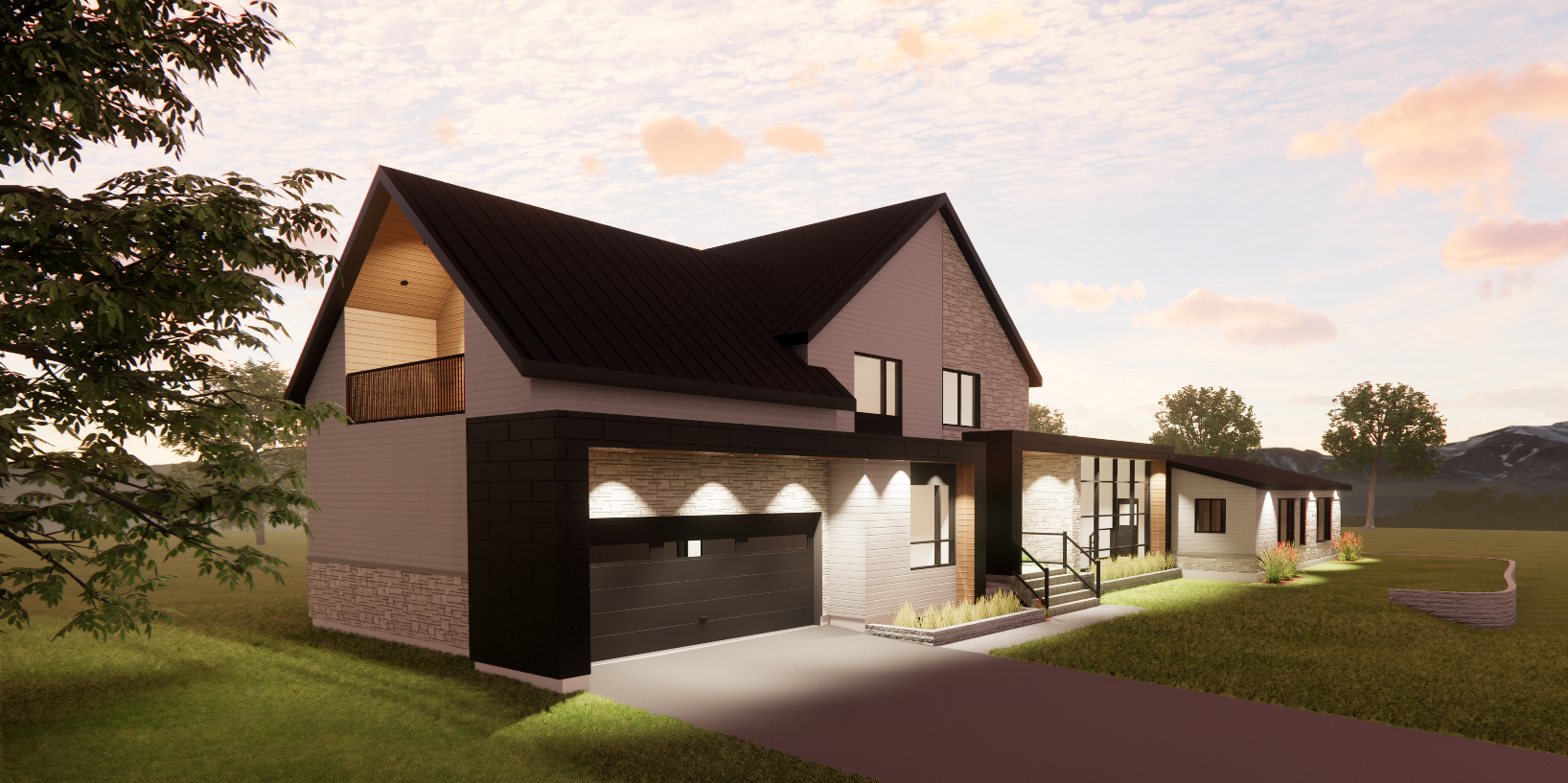 Maison moderne de deux étages avec toit noir et garage. Elle comprend un balcon en bois, des éléments en pierre et une longue allée.