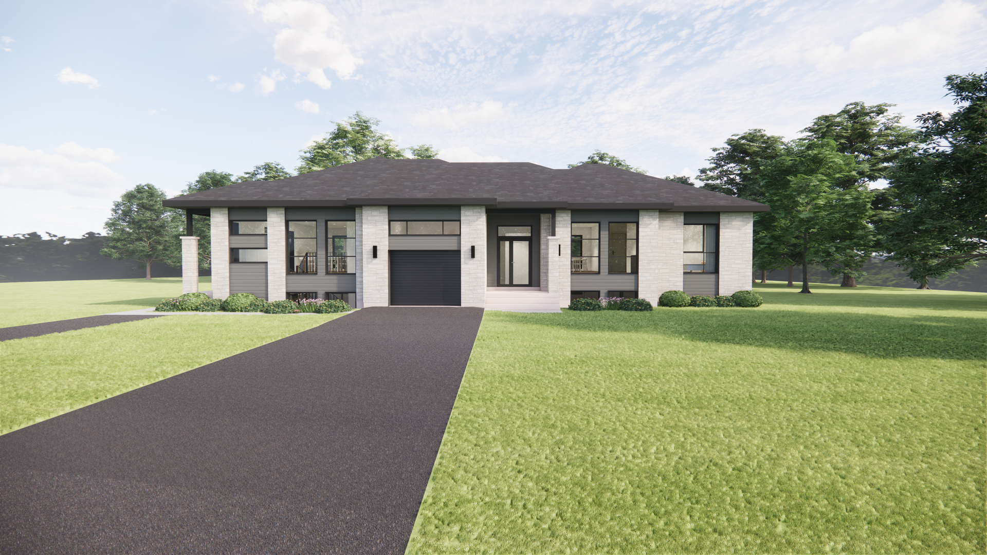 Maison moderne avec allée sombre et touches de gris sur une pelouse verdoyante sous un ciel ensoleillé.