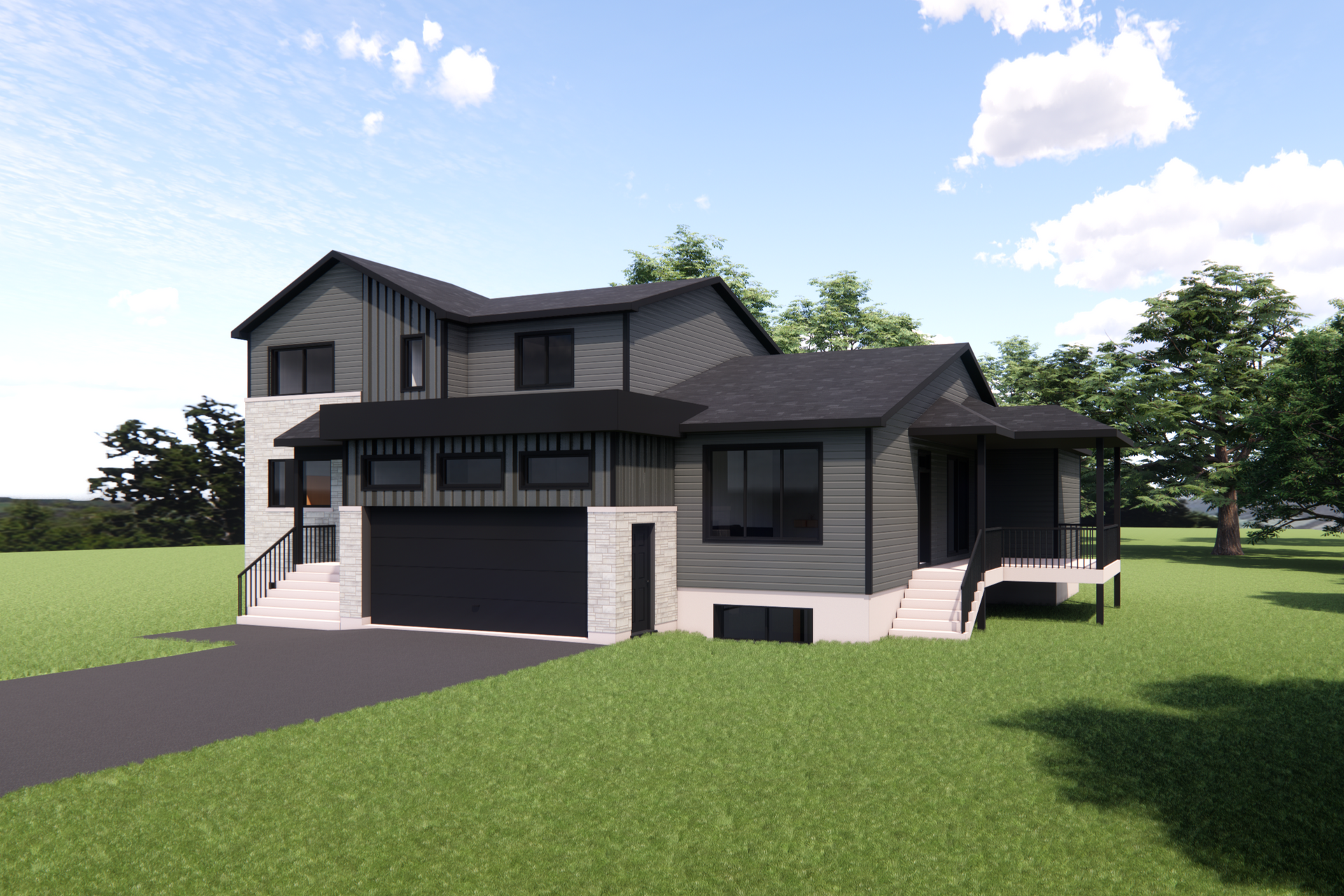 Maison moderne à deux étages avec bardage noir et gris, toit noir et garage. Pelouse et arbres verts.