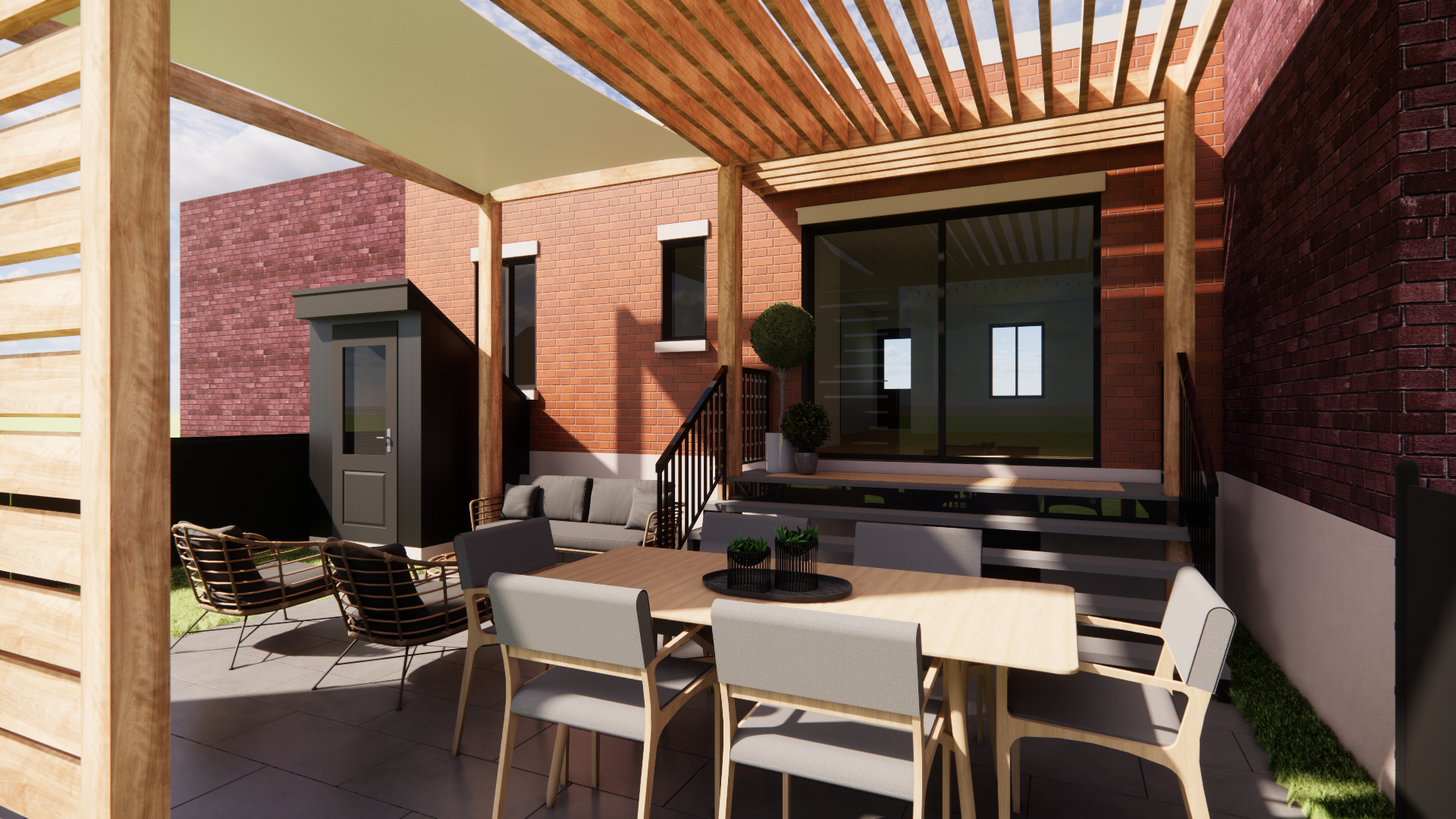 Terrasse extérieure avec pergola en bois, table à manger, sièges et murs en briques.