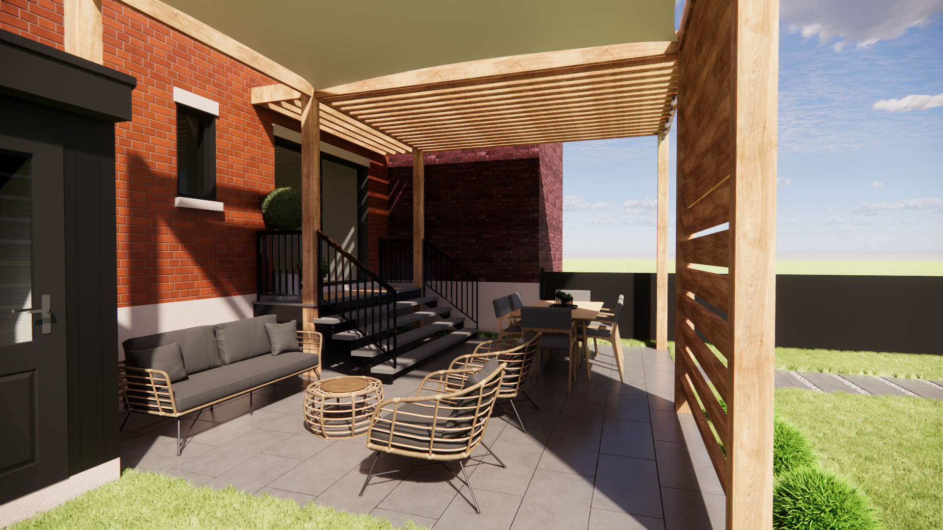 Terrasse extérieure avec pergola, sièges et bâtiment en briques.