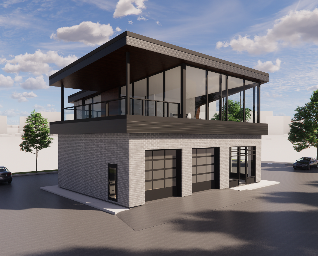 Bâtiment moderne de deux étages avec un garage au rez-de-chaussée et des bureaux aux parois de verre à l'étage, situé sur un parking.