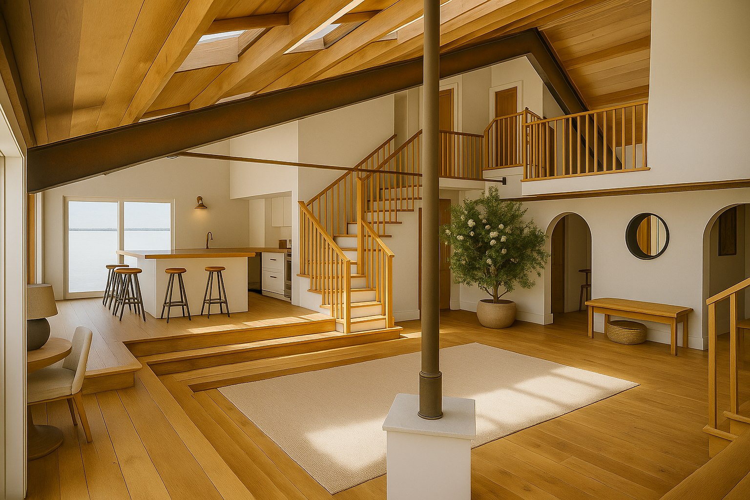 Intérieur spacieux avec poutres apparentes, escalier et mezzanine. La lumière naturelle y pénètre abondamment.
