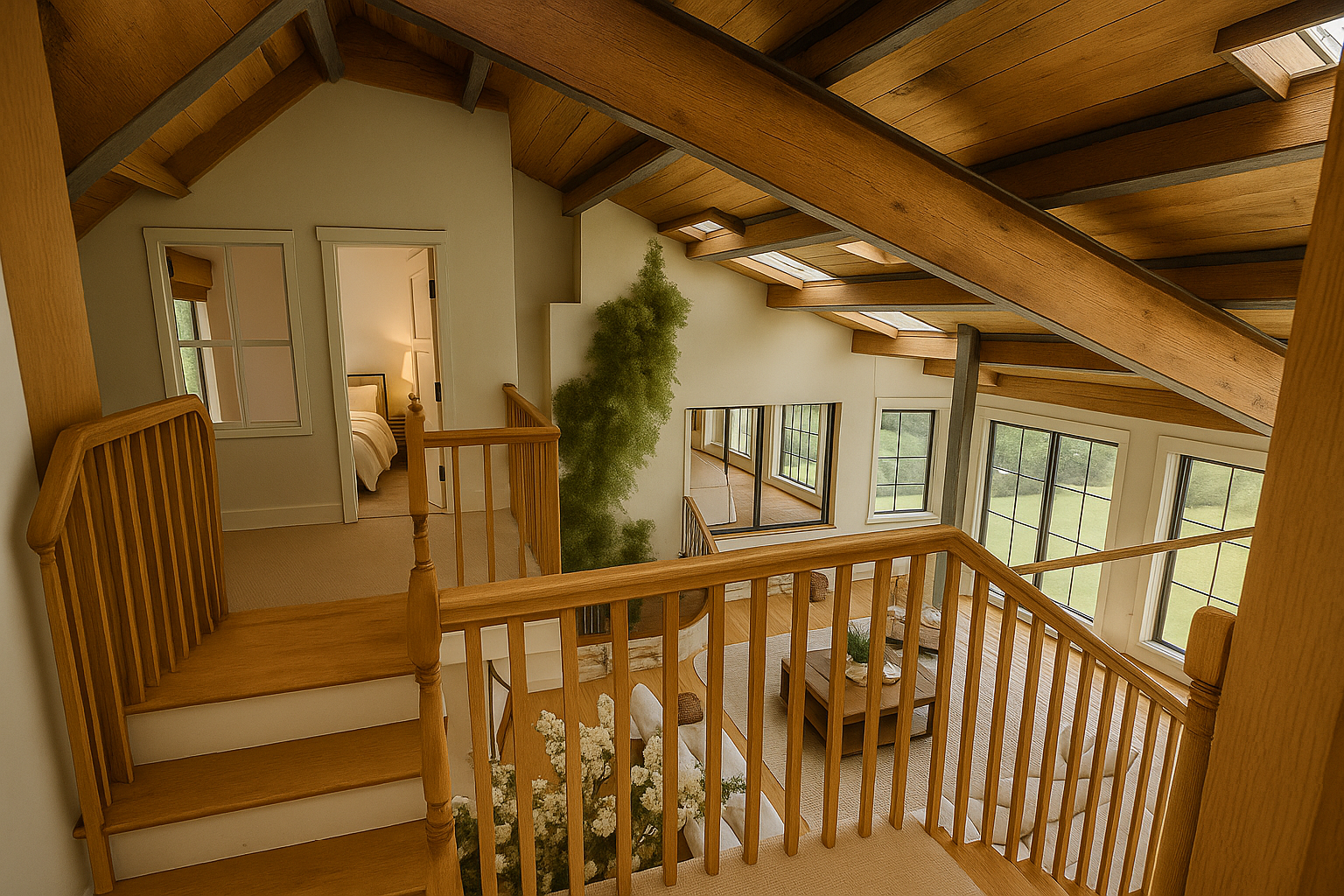 Vue intérieure d'un loft aux poutres apparentes avec un escalier, donnant sur un coin salon et une porte de chambre.