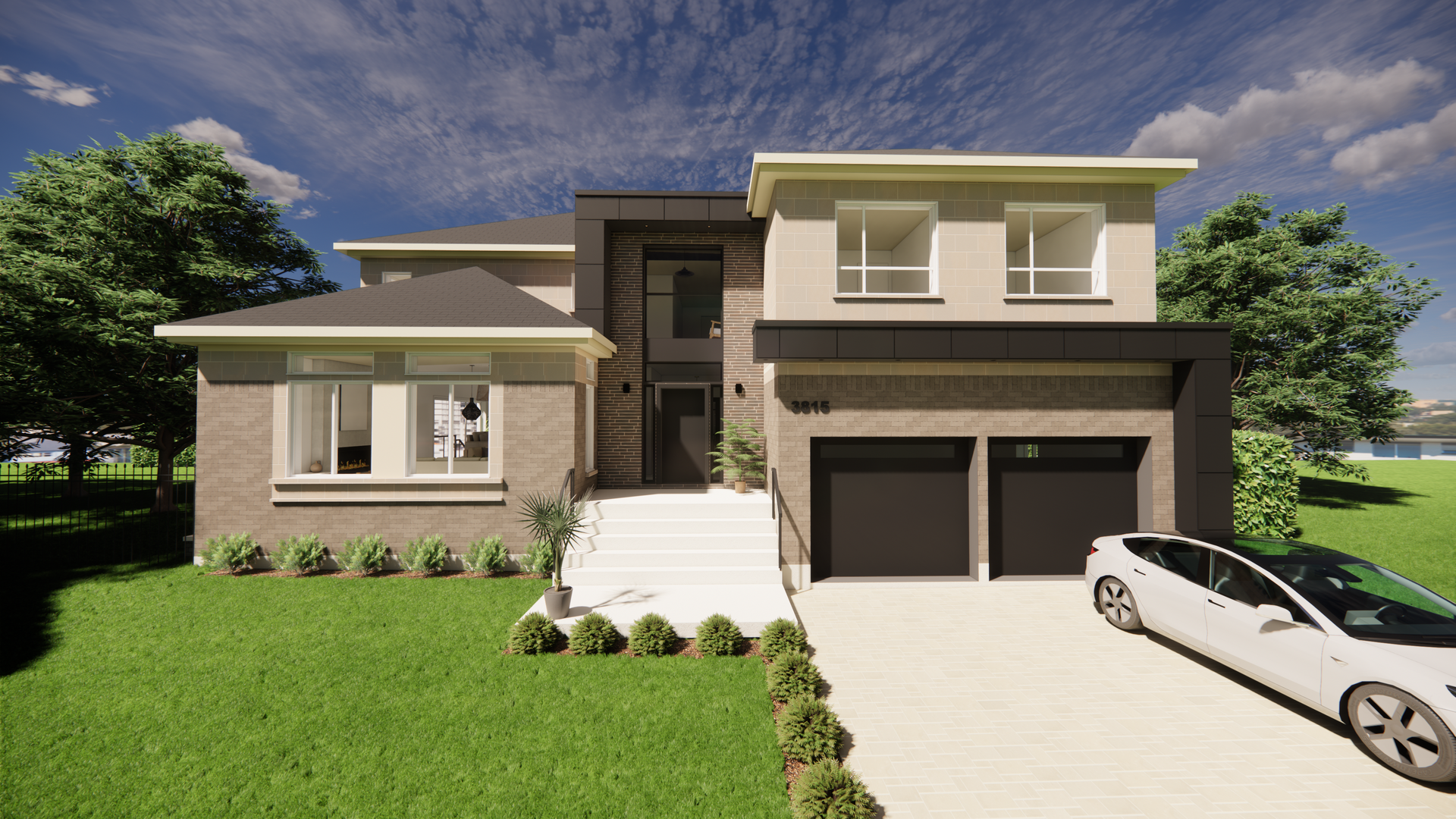 Maison moderne à deux étages avec des touches de beige et de noir, un garage double et une voiture blanche garée dans l'allée par une journée ensoleillée.