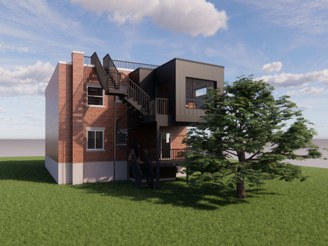 Bâtiment en briques avec une extension moderne noire et un escalier de secours. Un arbre se dresse devant.