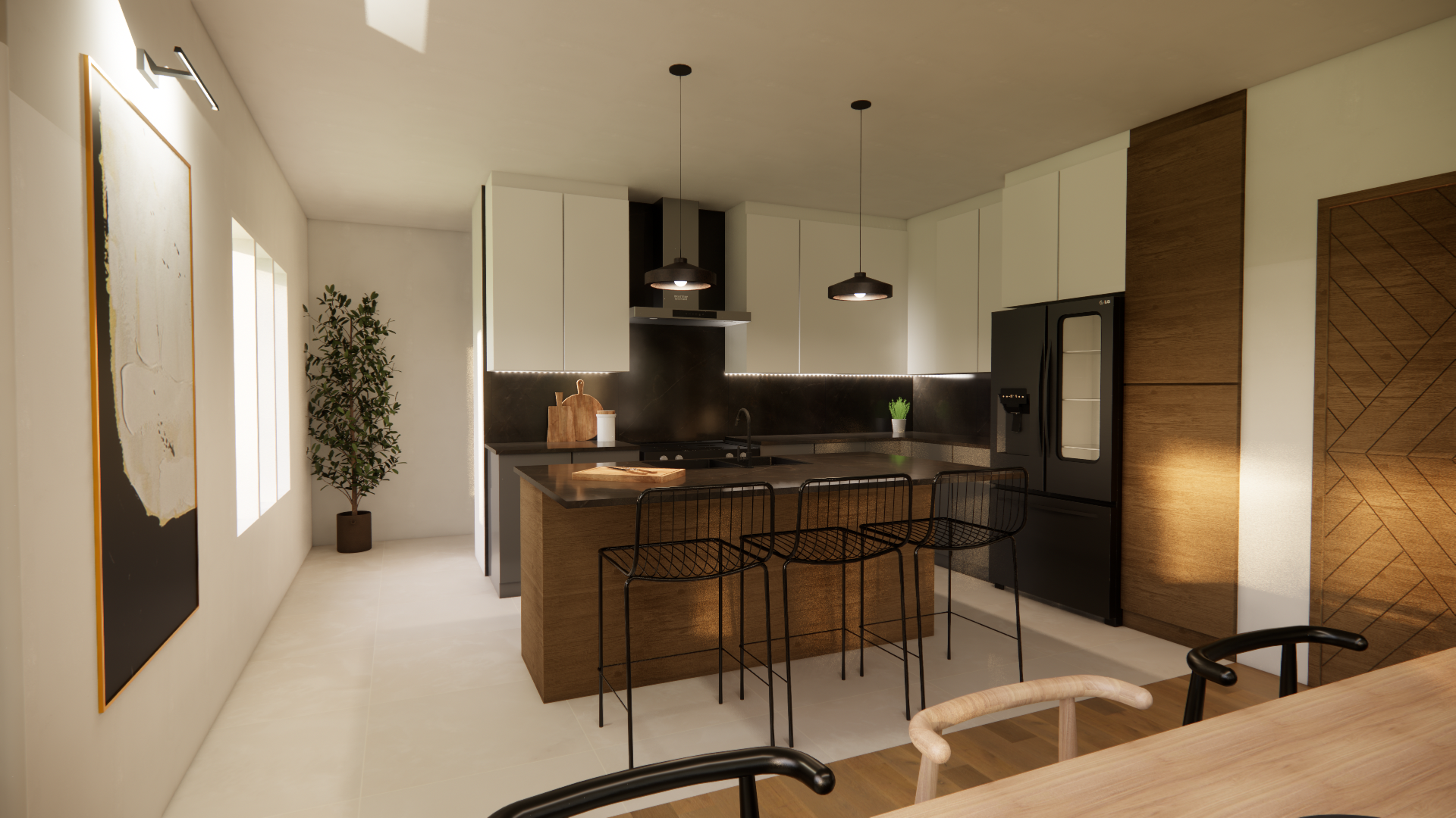 Cuisine moderne avec armoires blanches, îlot foncé avec tabourets, électroménagers noirs.