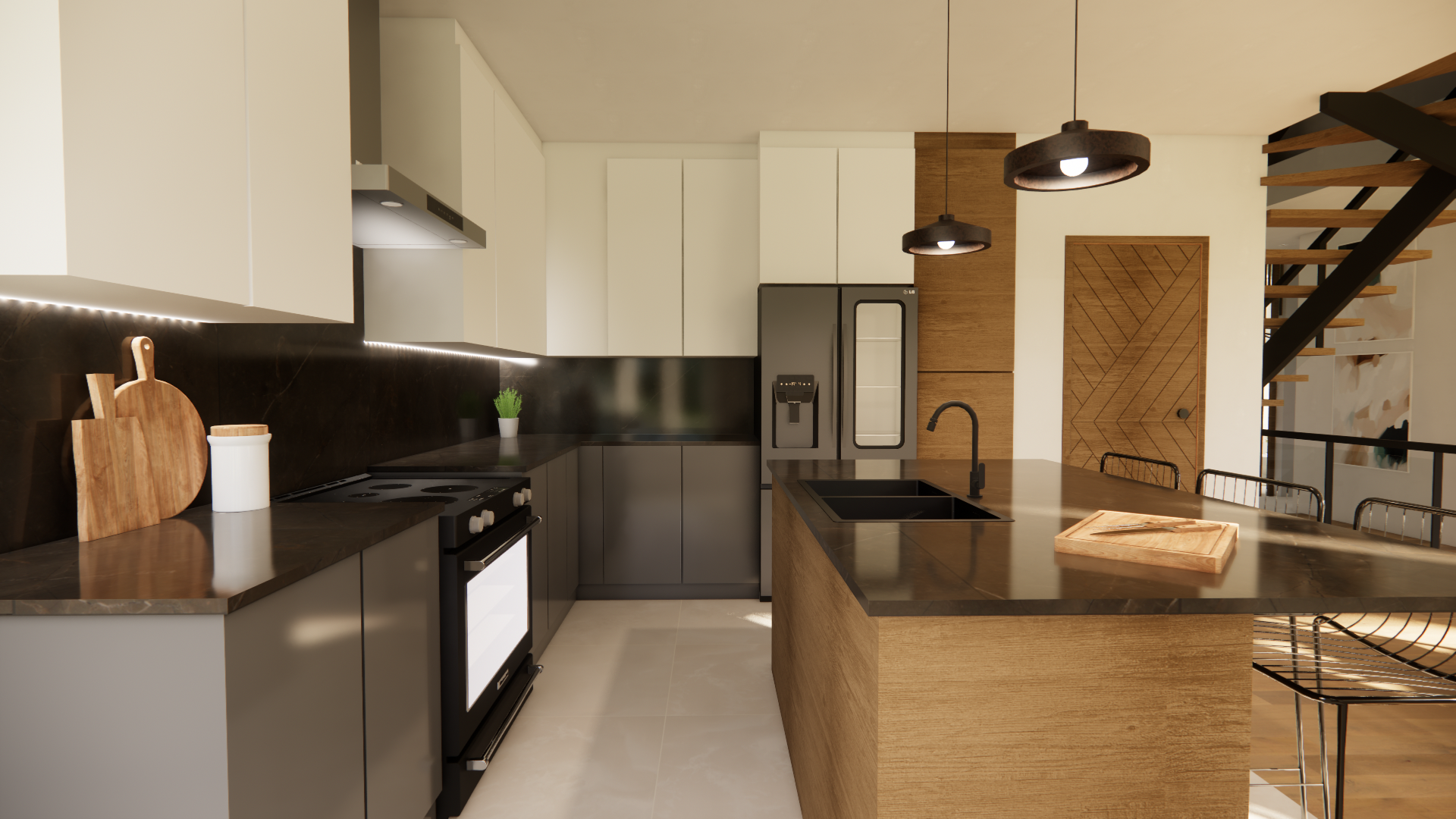 Cuisine moderne avec îlot central, comptoirs noirs et électroménagers en acier inoxydable.