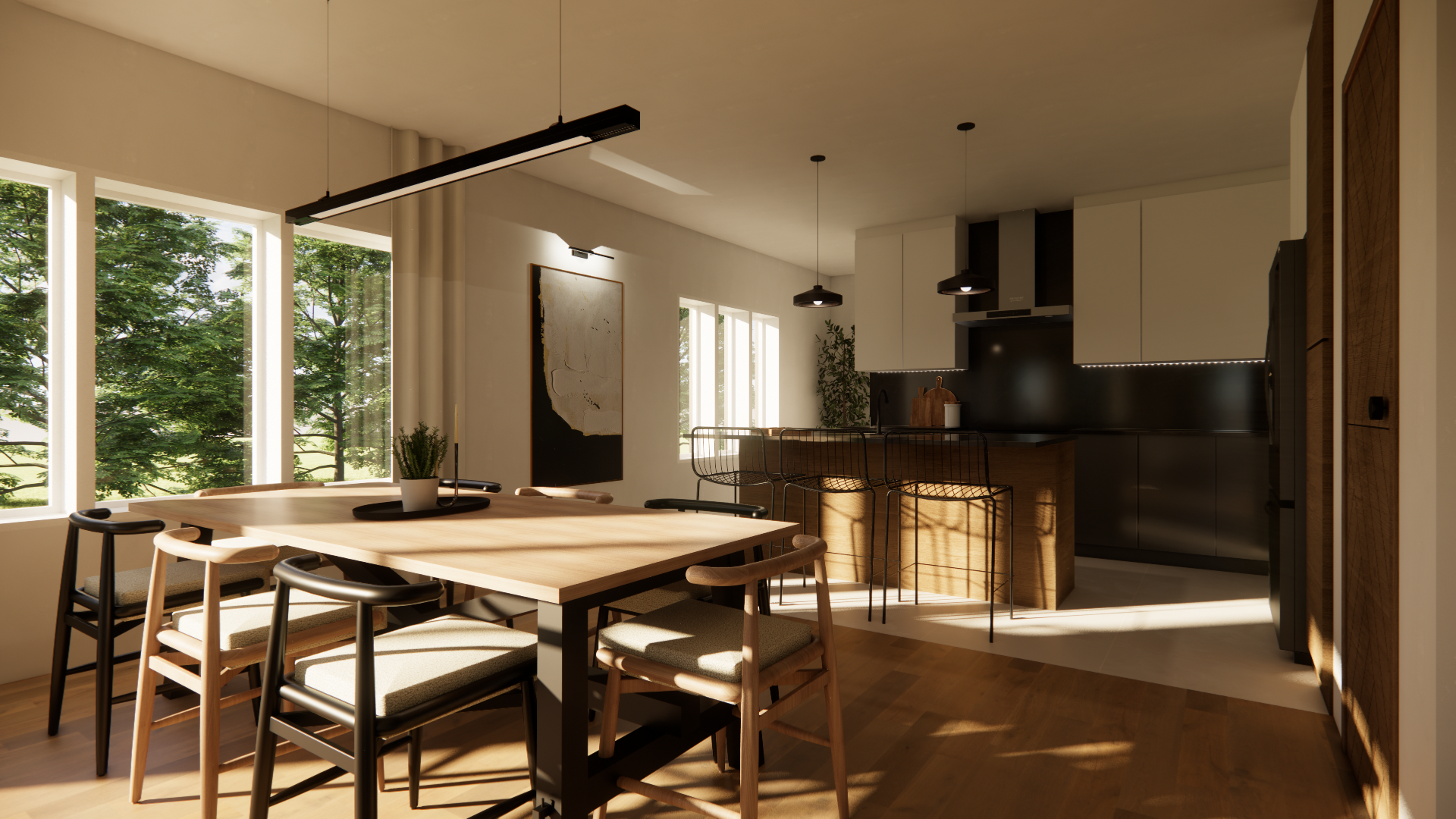 Cuisine et salle à manger ouvertes avec une table en bois, des chaises et de grandes fenêtres laissant entrer la lumière naturelle.
