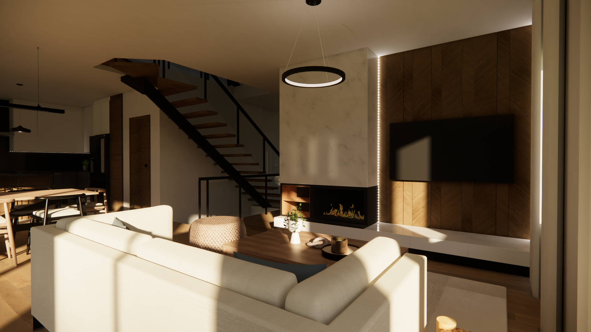 Salon moderne avec cheminée, escalier, canapé et télévision sur fond de lambris.
