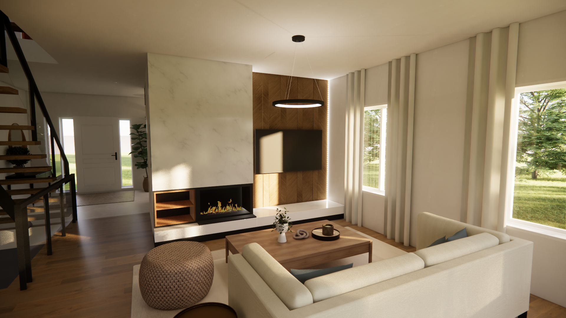 Salon moderne avec cheminée, télévision et canapé clair près des fenêtres avec des rideaux fluides et une table en bois.
