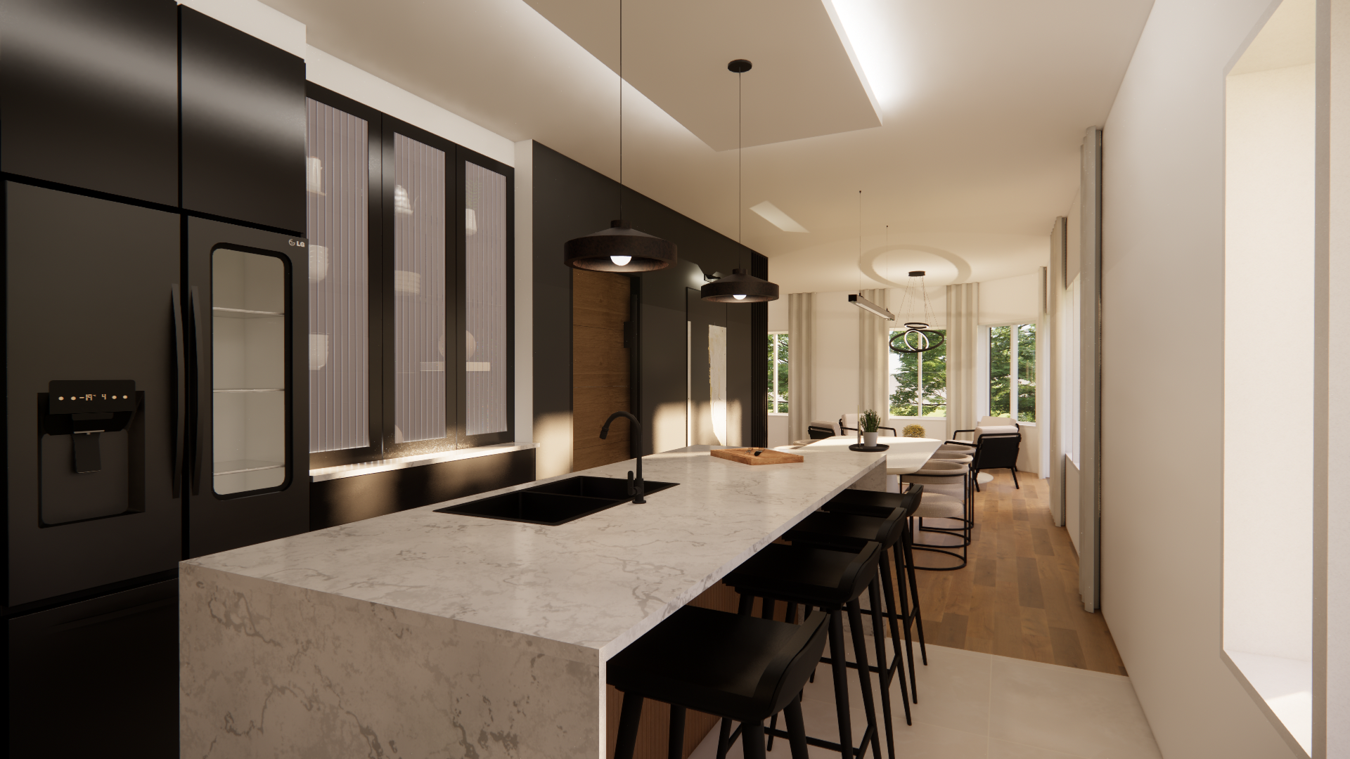 Cuisine moderne avec placards noirs, comptoir en marbre et tabourets de bar.