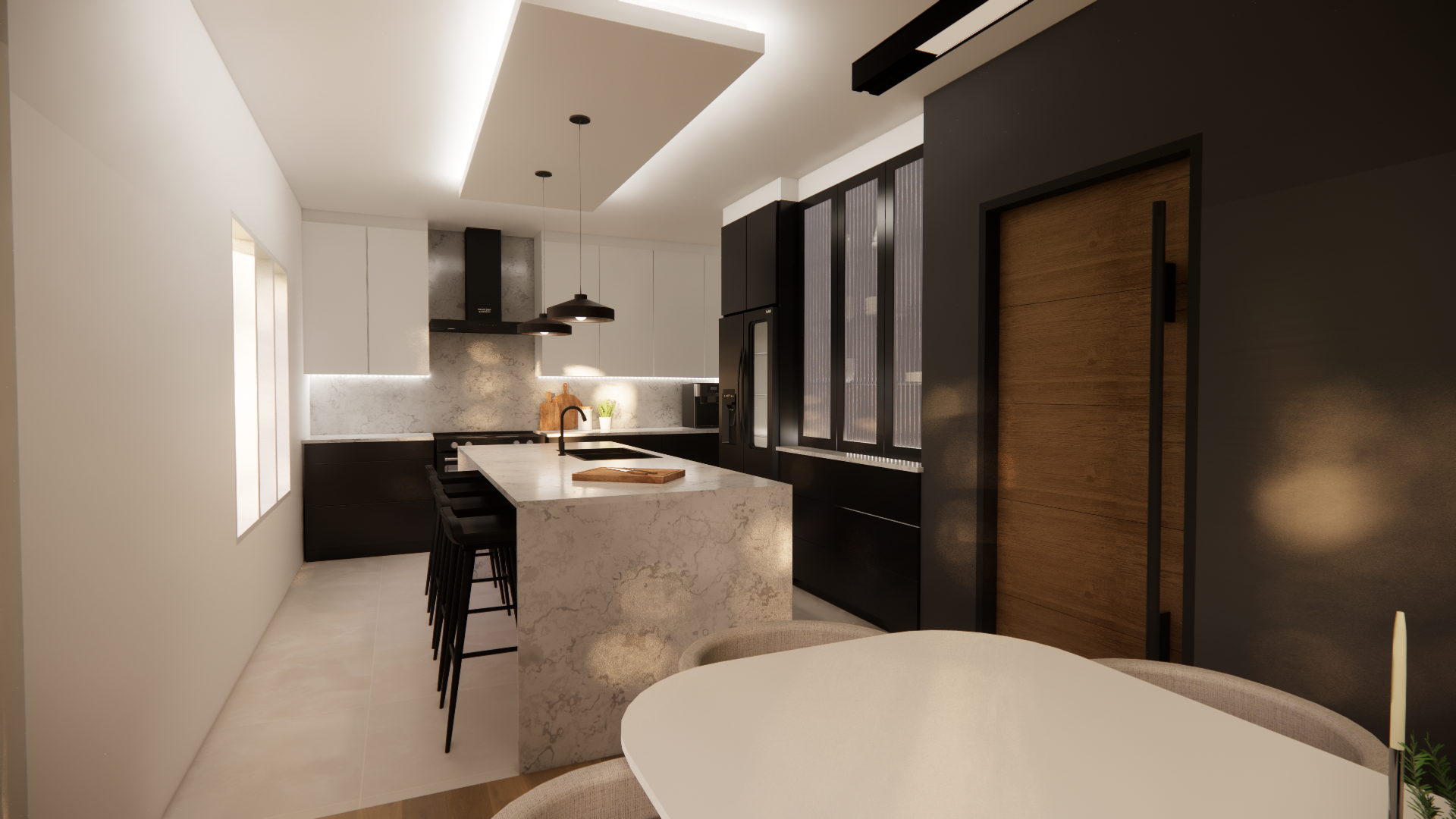 Intérieur de cuisine moderne avec placards blancs et noirs, îlot central avec tabourets et porte en bois.