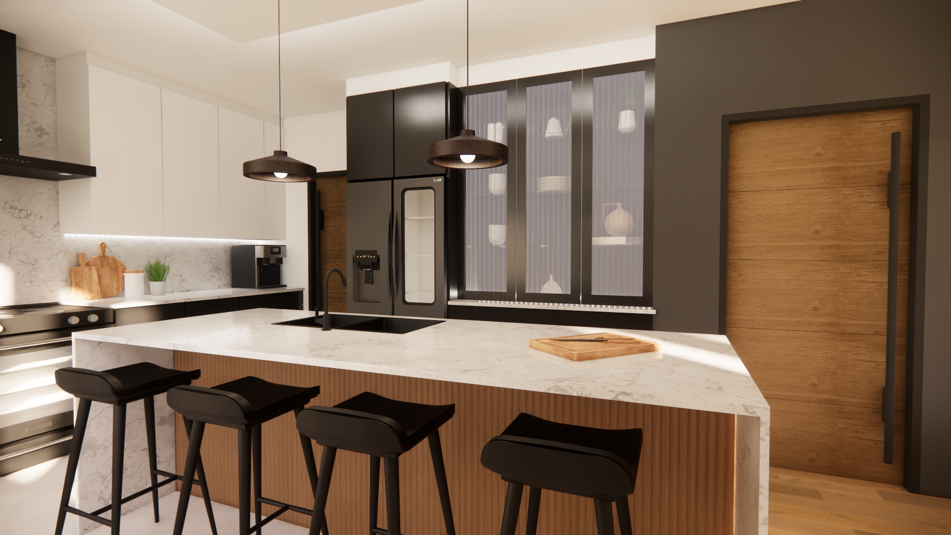 Cuisine moderne avec îlot central, tabourets noirs, plans de travail blancs et électroménager noir.