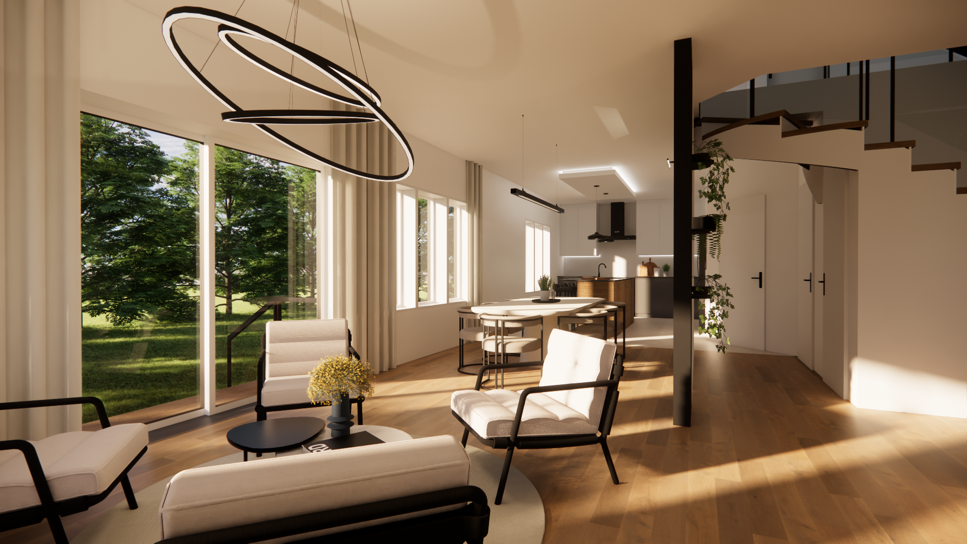 Espace de vie intérieur moderne avec de grandes fenêtres, des murs blancs et des sols en bois.