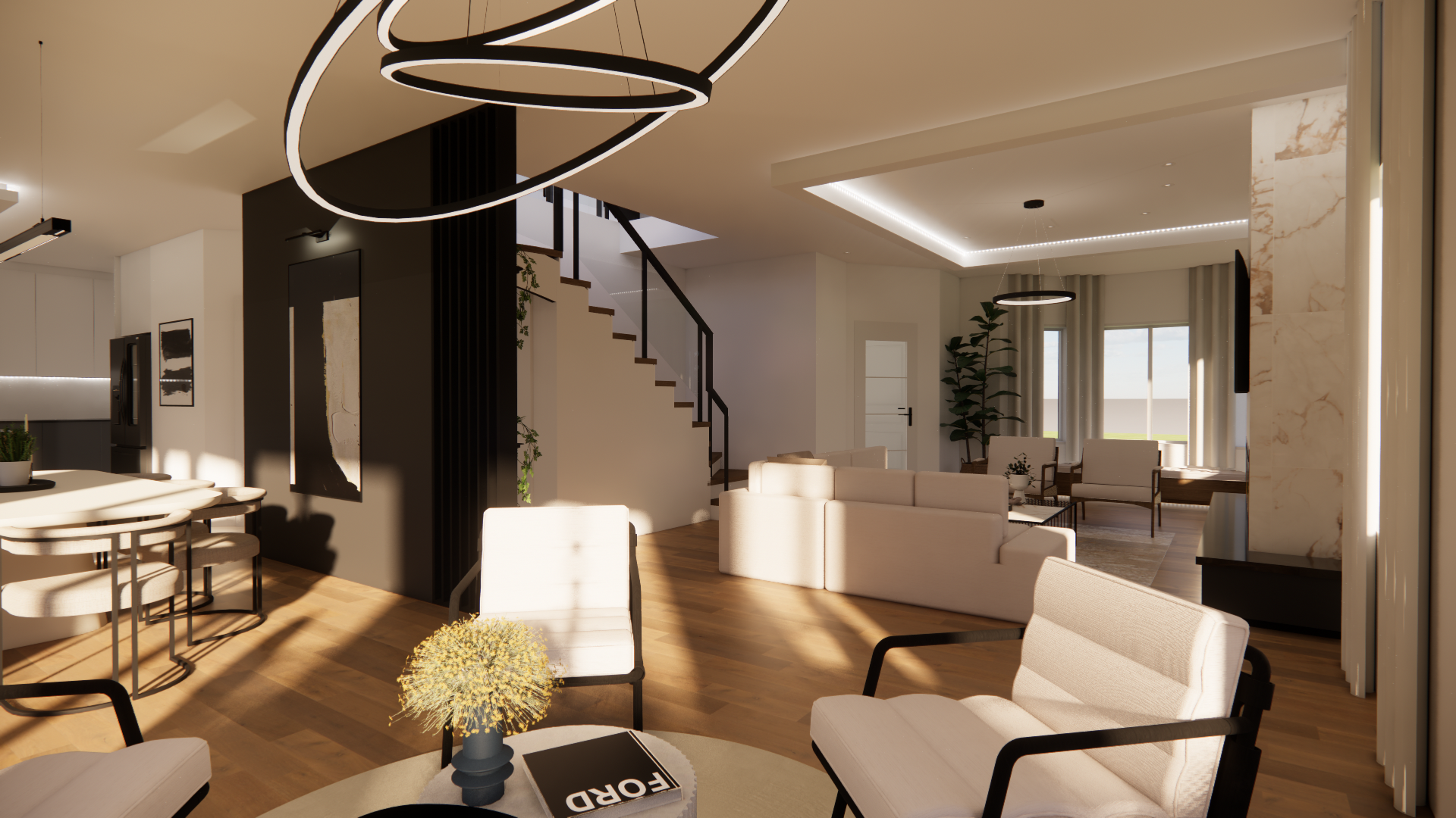 Salon moderne avec des touches de noir, un escalier et de la lumière naturelle.