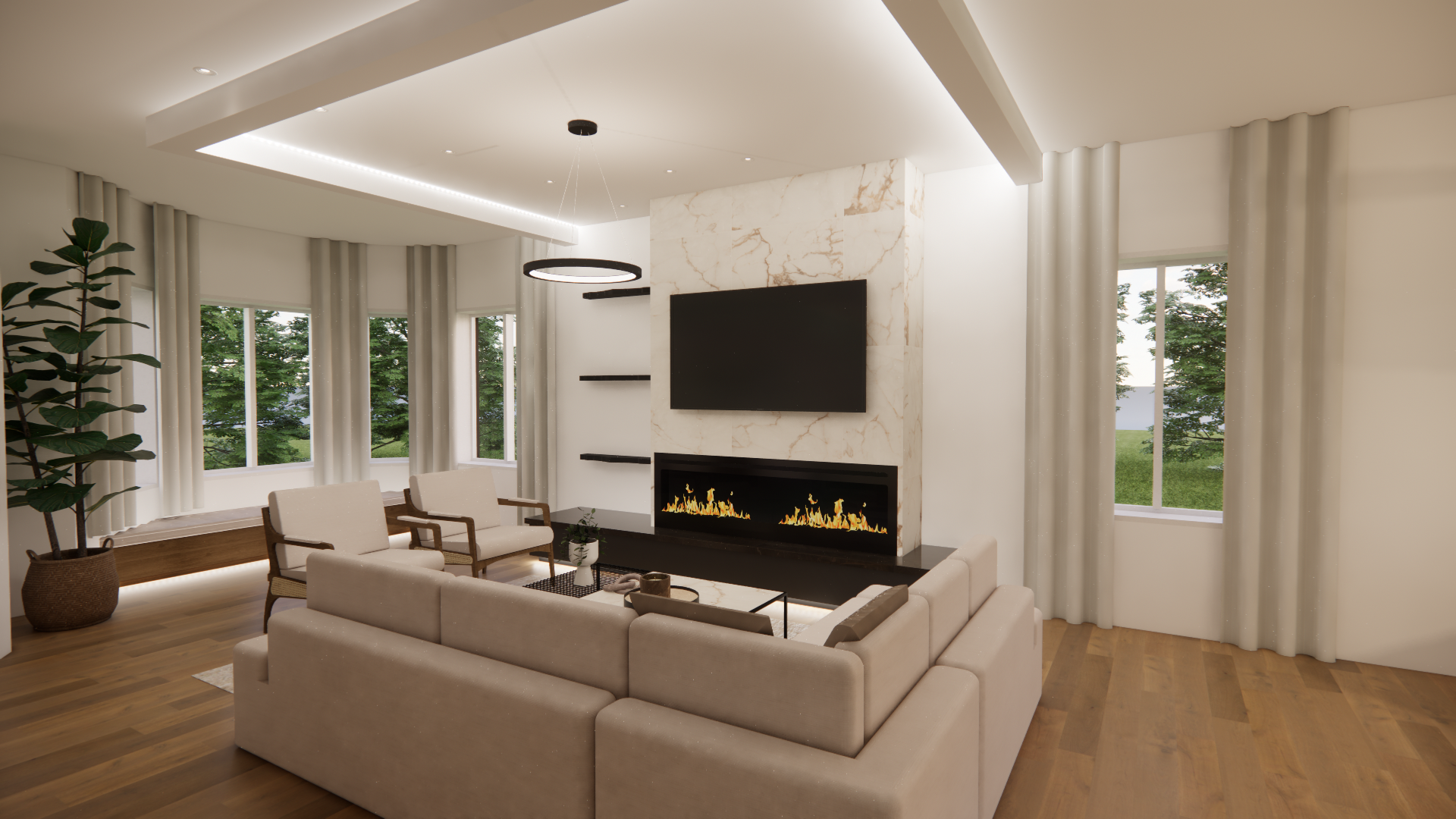 Salon moderne avec cheminée, télévision et canapé d'angle, avec de grandes fenêtres et un parquet.
