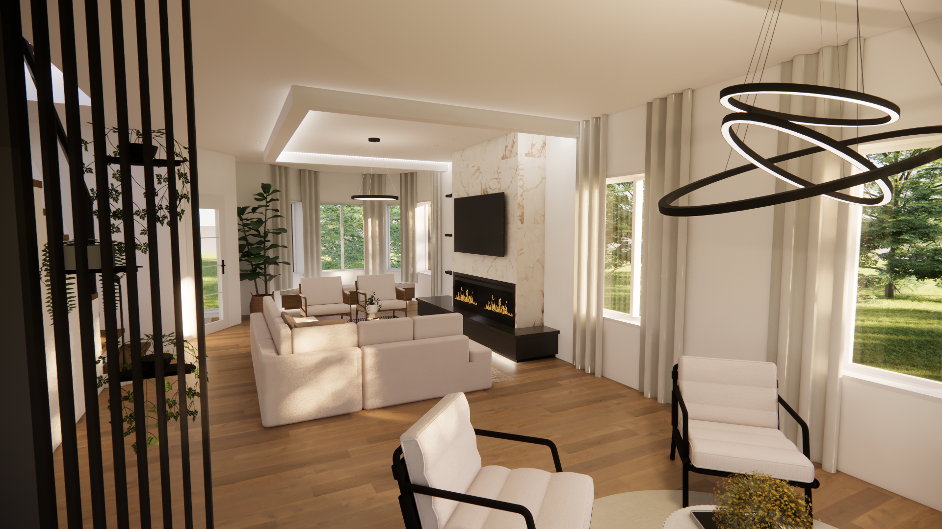 Salon moderne avec cheminée, meubles blancs et grandes fenêtres.