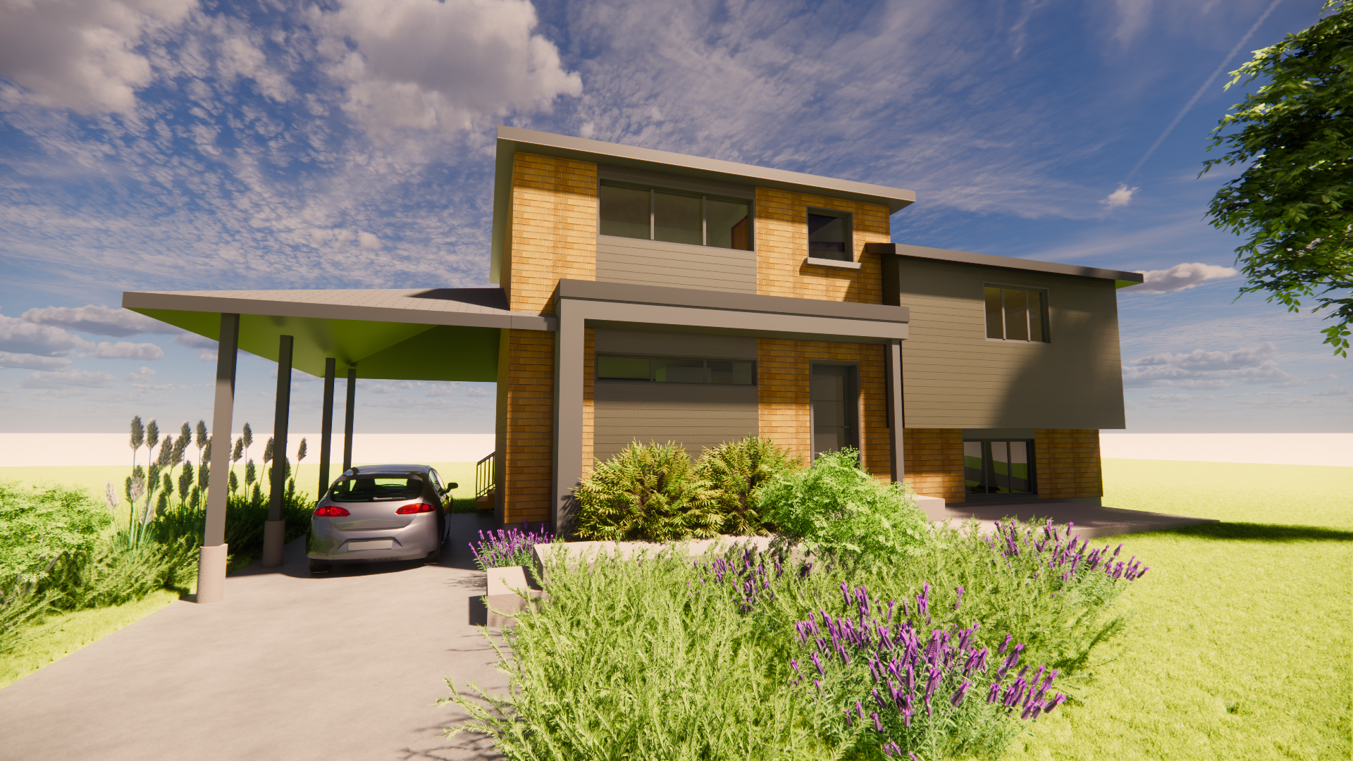 Maison moderne à deux étages avec abri voiture, façade en briques et bardage gris, petit jardin, voiture garée à l'intérieur de l'abri et ciel bleu.