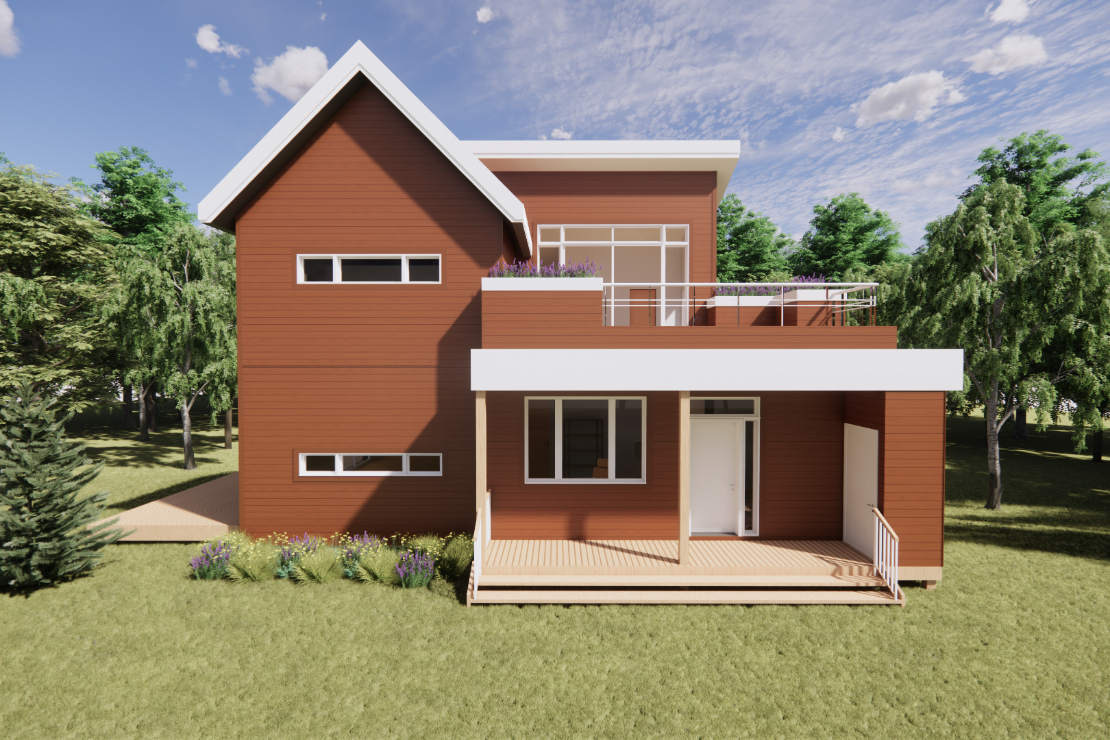 Maison brune à deux étages avec une terrasse, des boiseries blanches et des arbres dans un jardin gazonné.
