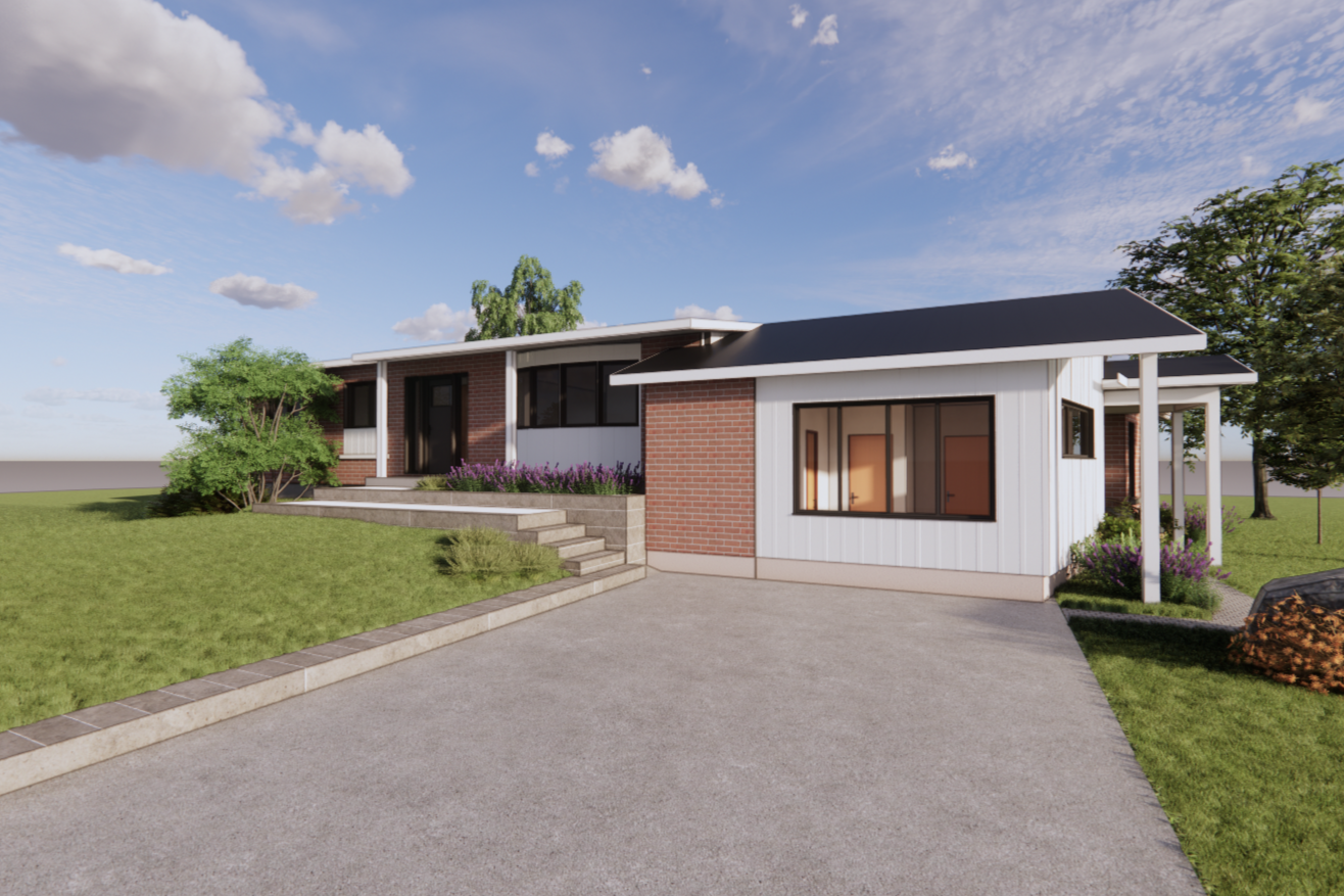 Vue extérieure d'une maison moderne de plain-pied avec une façade blanche en briques, une allée et un aménagement paysager.
