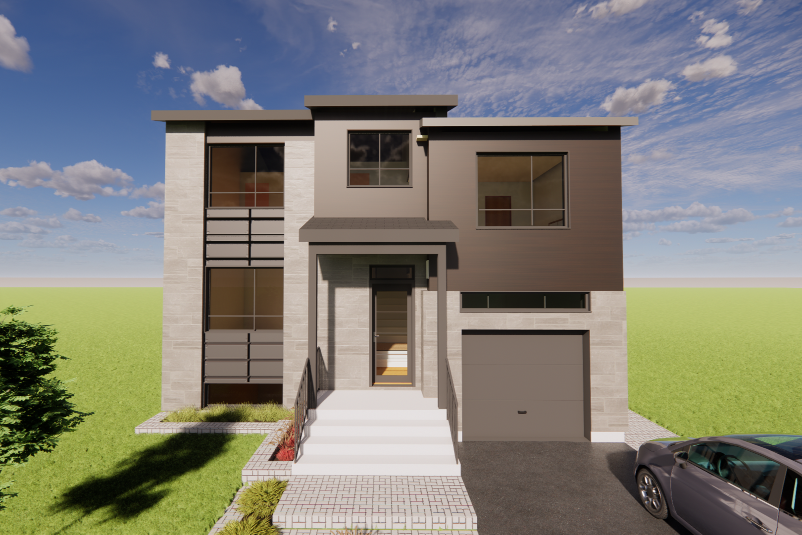 Maison moderne à deux étages avec façade grise, fenêtres et garage attenant. Une voiture est garée dans l'allée.