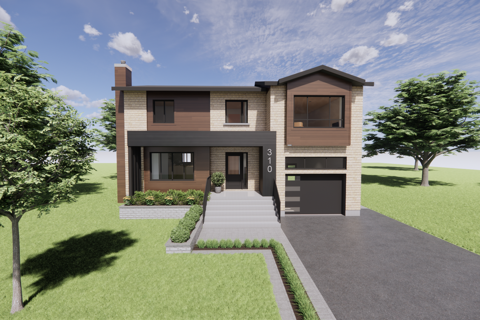 Représentation graphique d'une maison moderne à deux étages, avec des briques beiges et des lambris, comprenant un garage et un escalier.