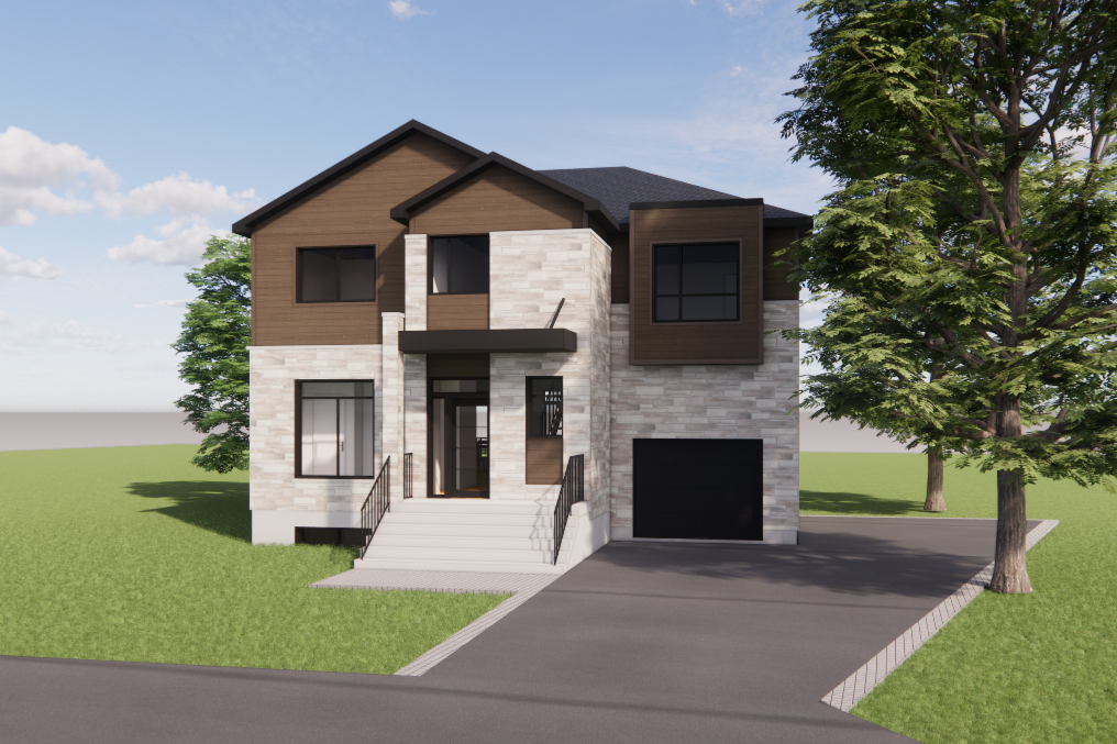 Extérieur de maison moderne avec des éléments en pierre et en bois, porte de garage foncée et allée carrossable.