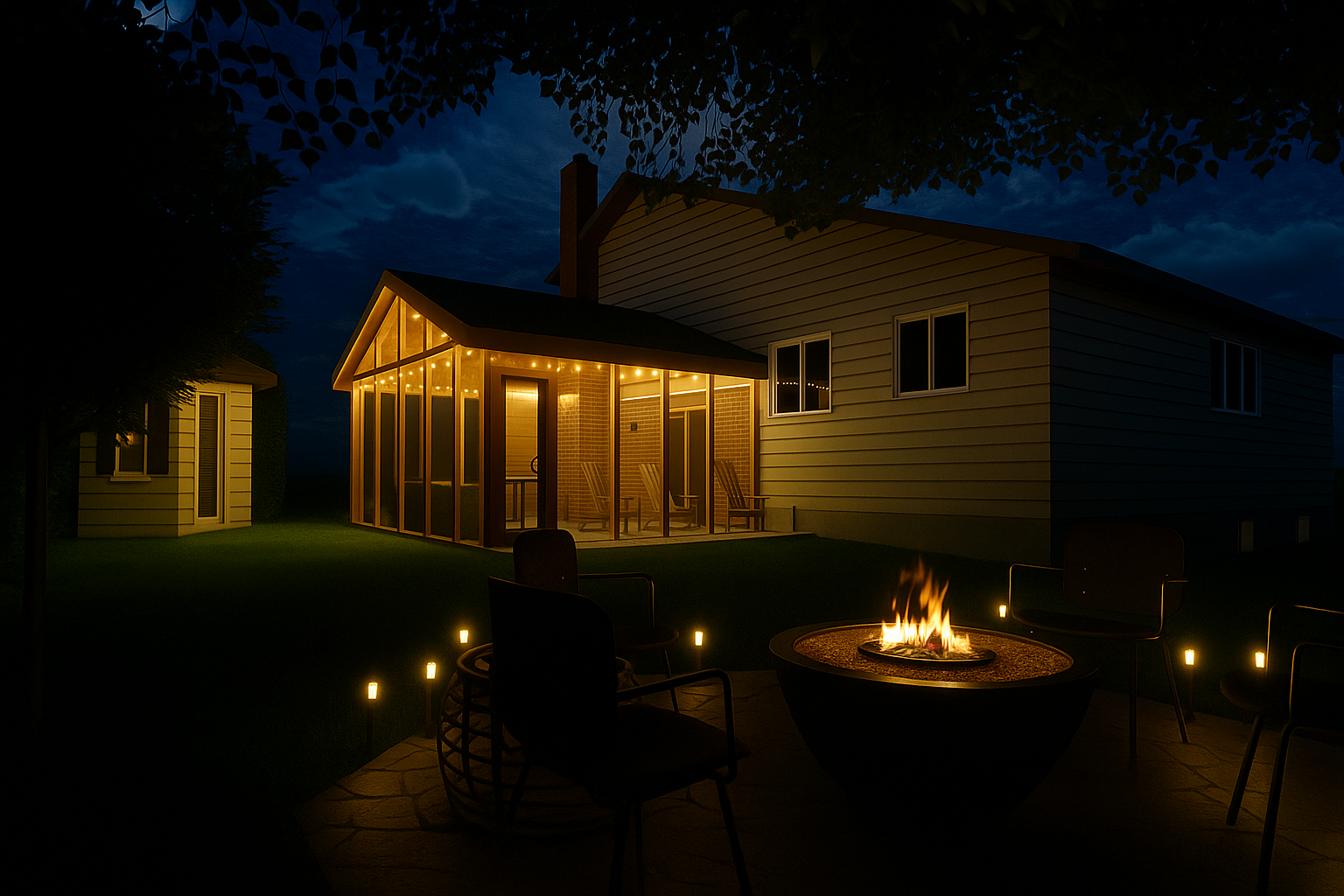 Dans le jardin la nuit, une véranda avec des guirlandes lumineuses, un foyer aux flammes incandescentes, un ciel d'un bleu profond.
