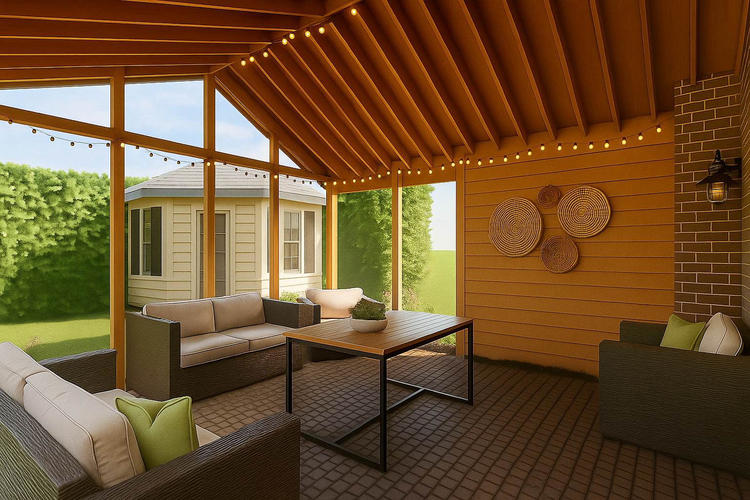 Véranda avec plafond en bois, mobilier et guirlandes lumineuses donnant sur une cour arrière avec un bâtiment blanc.