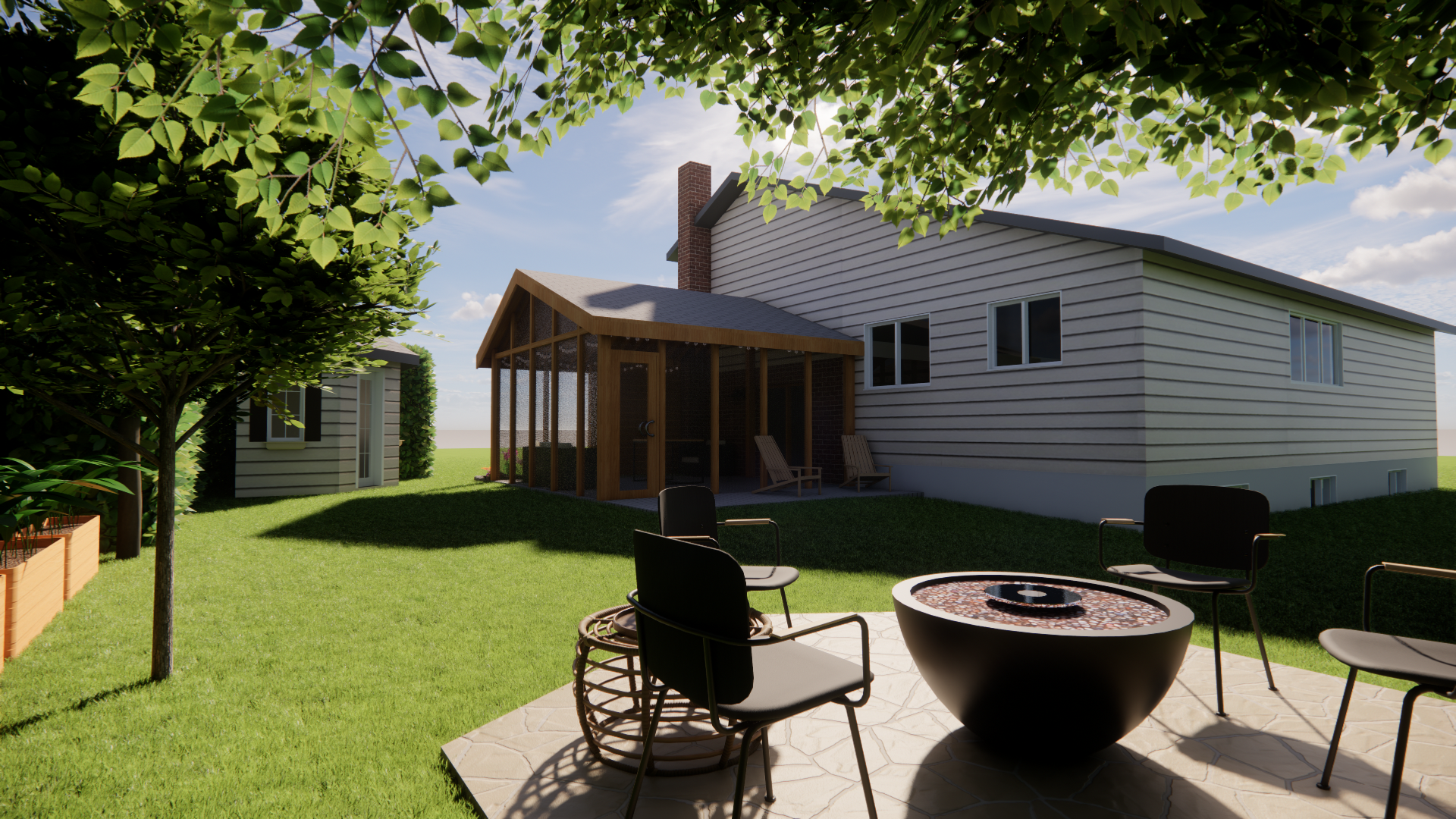 Cour arrière avec terrasse, foyer extérieur, chaises, véranda et maison sous un ciel ensoleillé.
