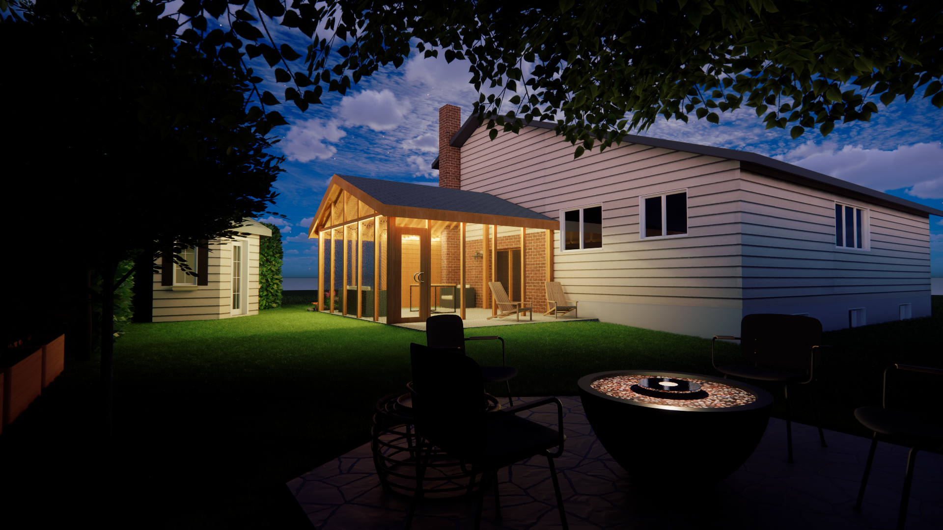 Jardin arrière la nuit, véranda en bois avec éclairage, foyer, maison et petit abri de jardin, sous un arbre.