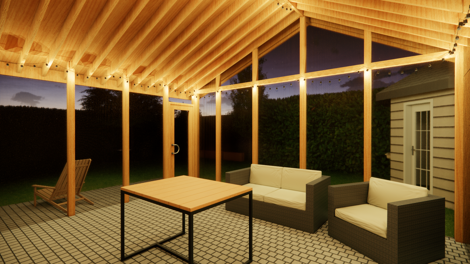 Terrasse extérieure avec pergola en bois, sièges et guirlandes lumineuses au crépuscule.