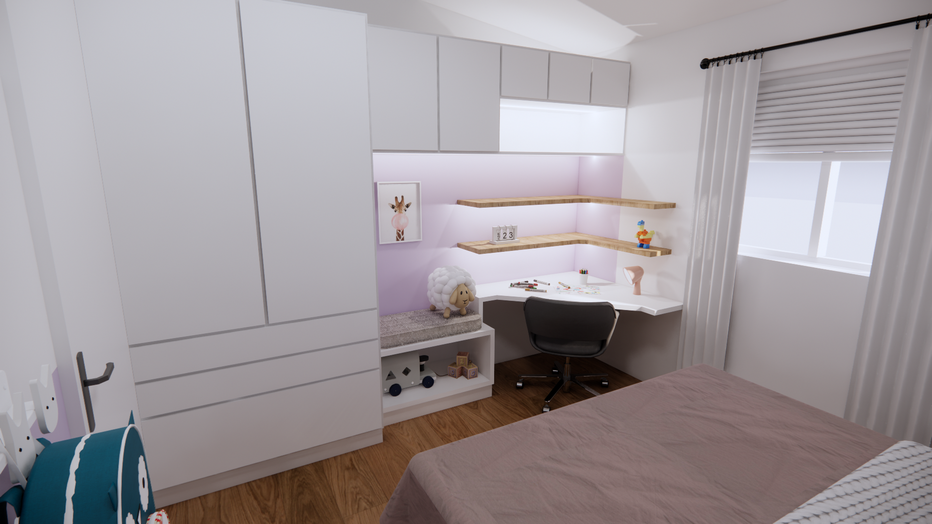 Intérieur d'une chambre avec un bureau blanc, une armoire et un lit. Sol en bois.