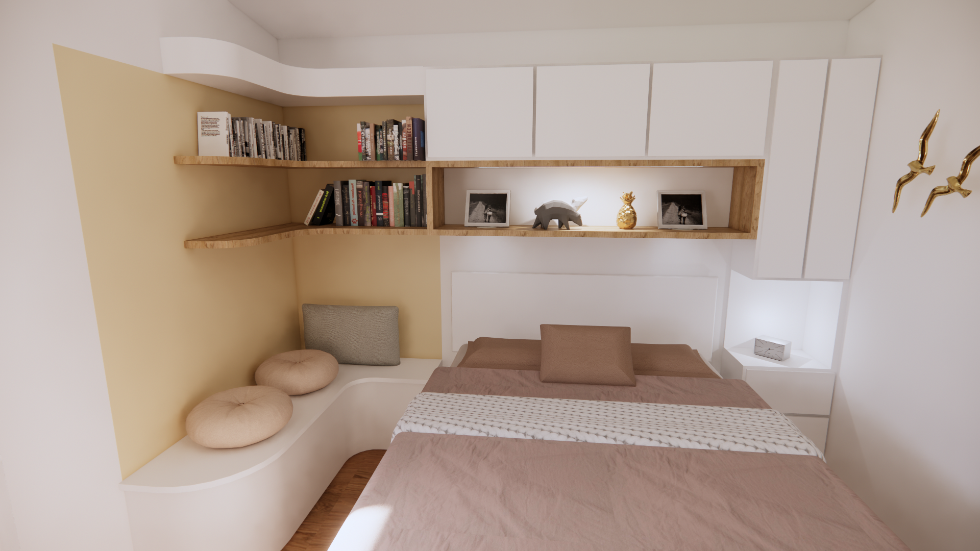 Chambre avec lit, étagères intégrées et palette de couleurs neutres.
