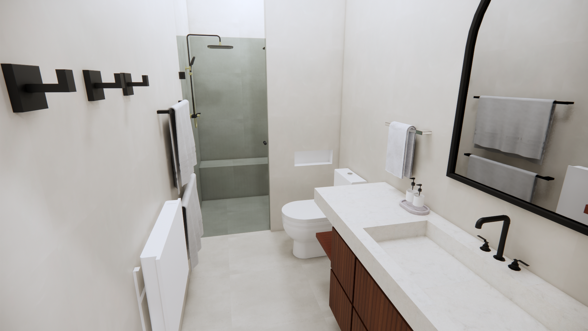 Salle de bains moderne avec lavabo, toilettes et douche blancs. Robinetterie noire et miroir.