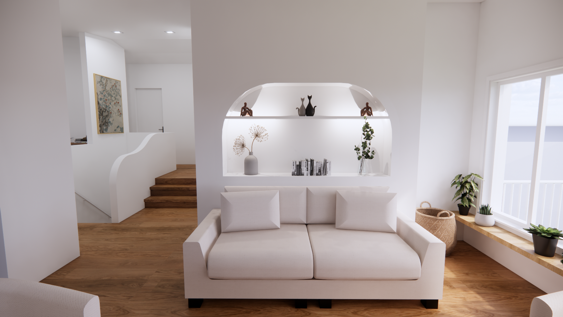 Un salon moderne et minimaliste avec des murs blancs, un canapé et une étagère cintrée présentant des objets de décoration.