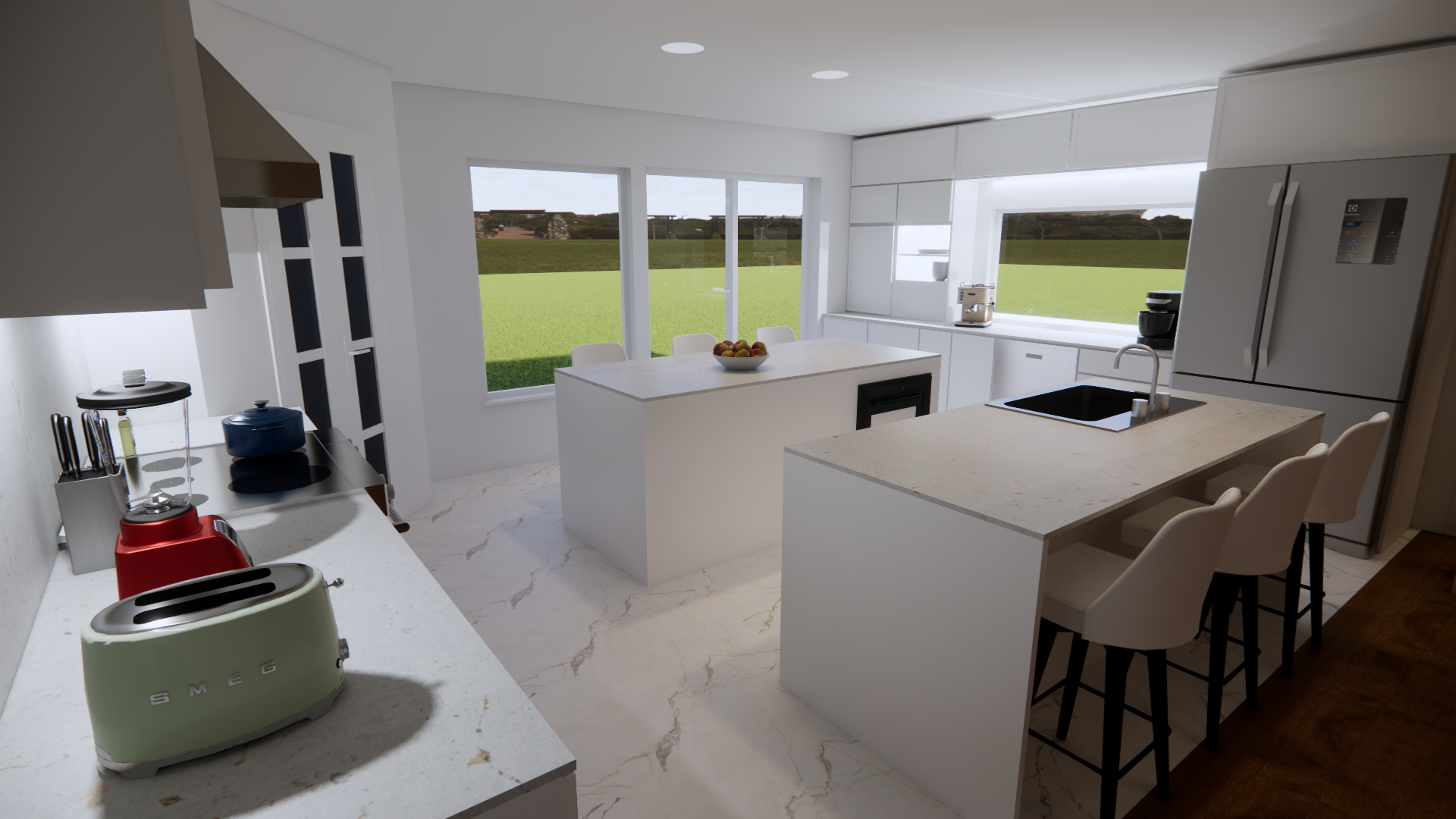 Cuisine blanche moderne avec îlot central, comptoirs, électroménagers et fenêtres donnant sur une cour verdoyante.