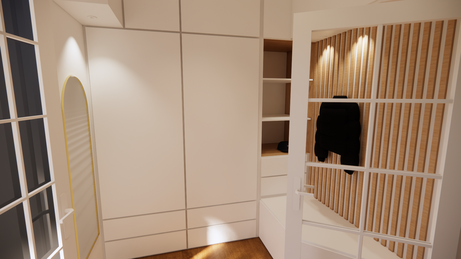Placard blanc avec porte ouverte et paroi en lattes de bois. Une veste est suspendue à l'intérieur.