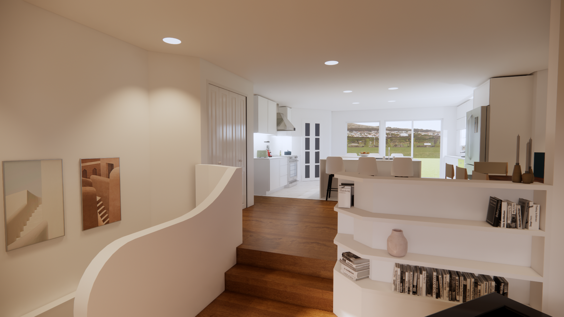 Vue intérieure : maison à niveaux décalés avec escalier, étagères intégrées et cuisine ouverte et lumineuse.